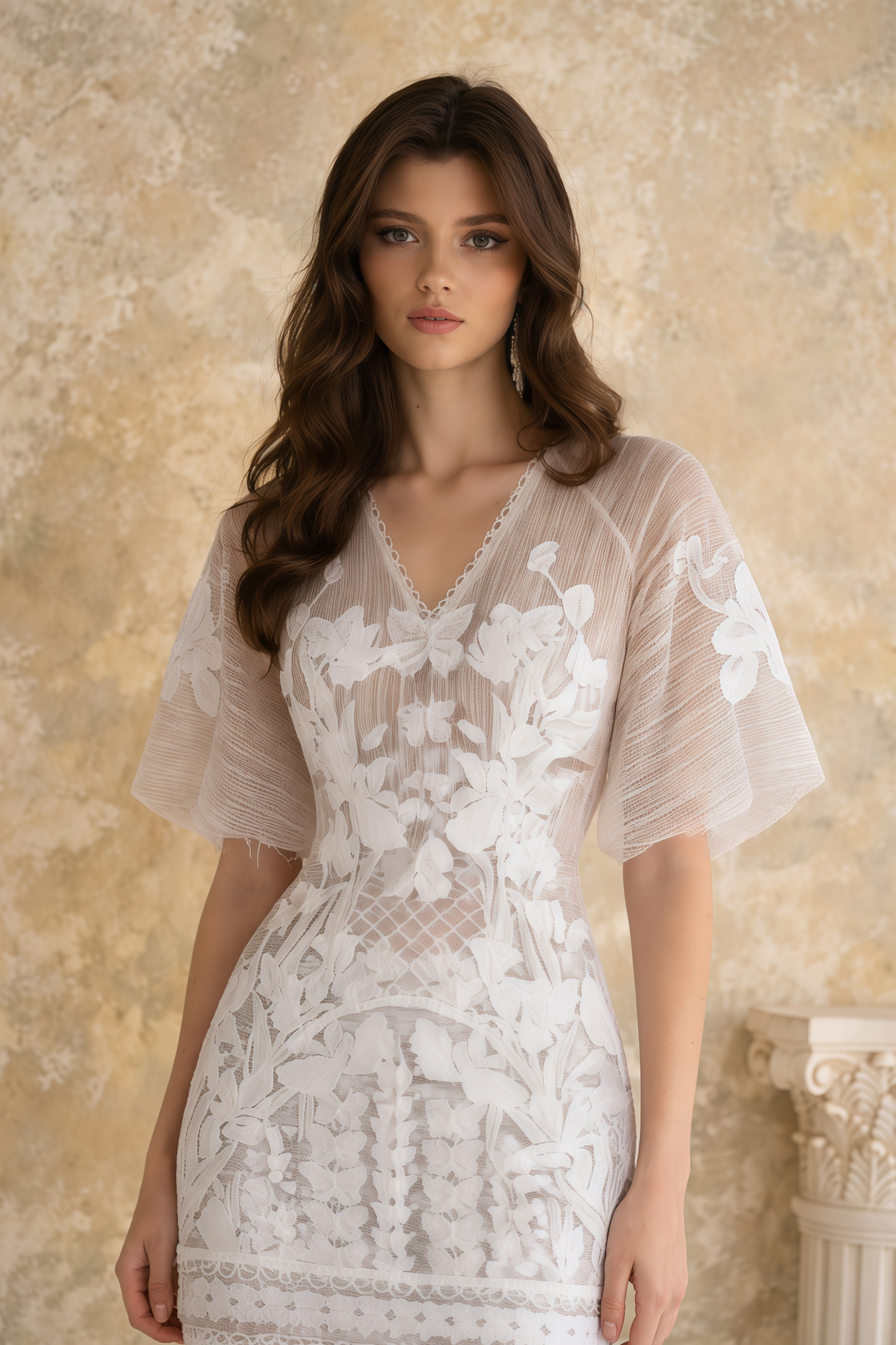 Halsey Neutrales Spitzen-Minikleid mit Schmetterlingsapplikation