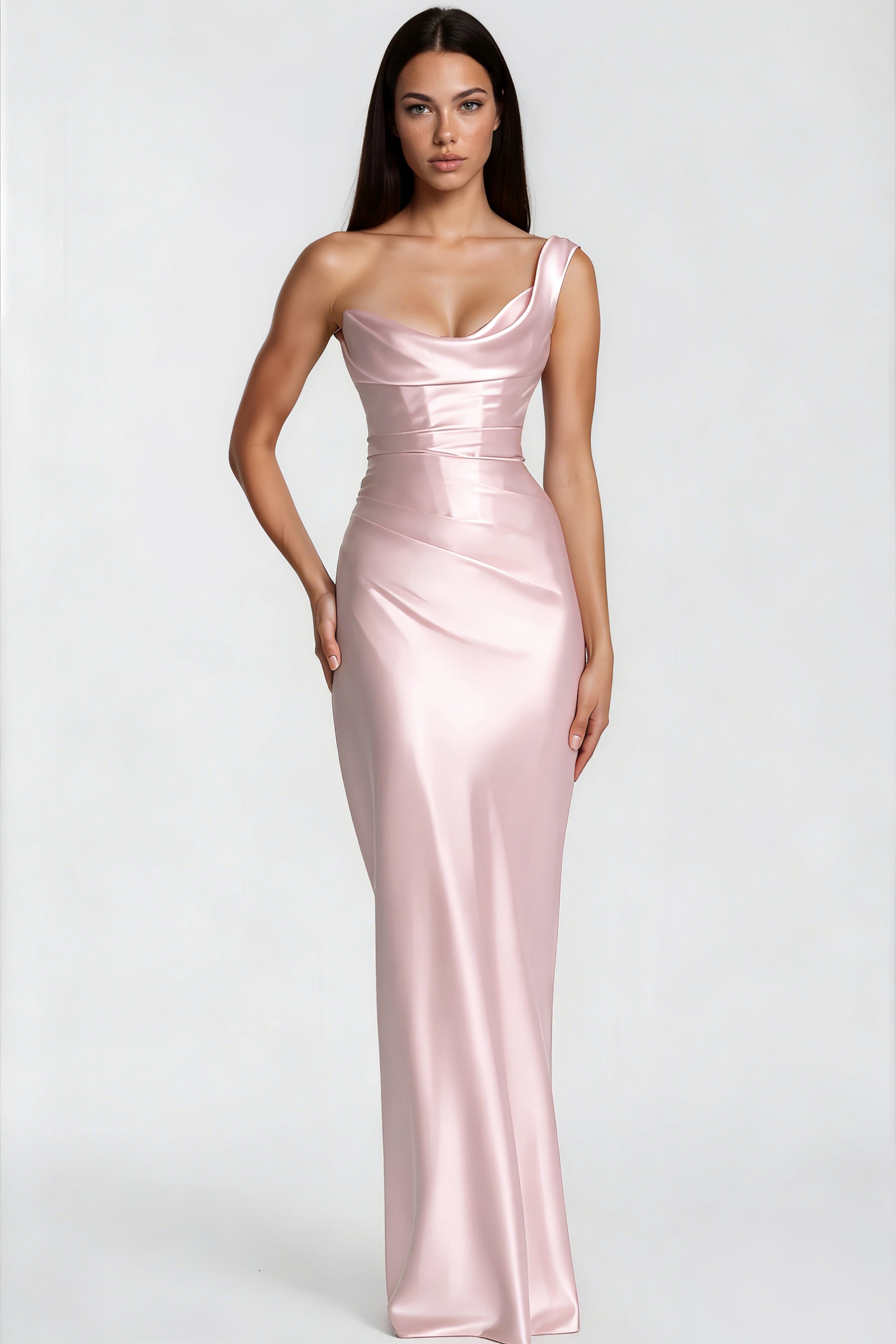 Hannah – Rosa Ein-Schulter-Maxikleid aus Satin