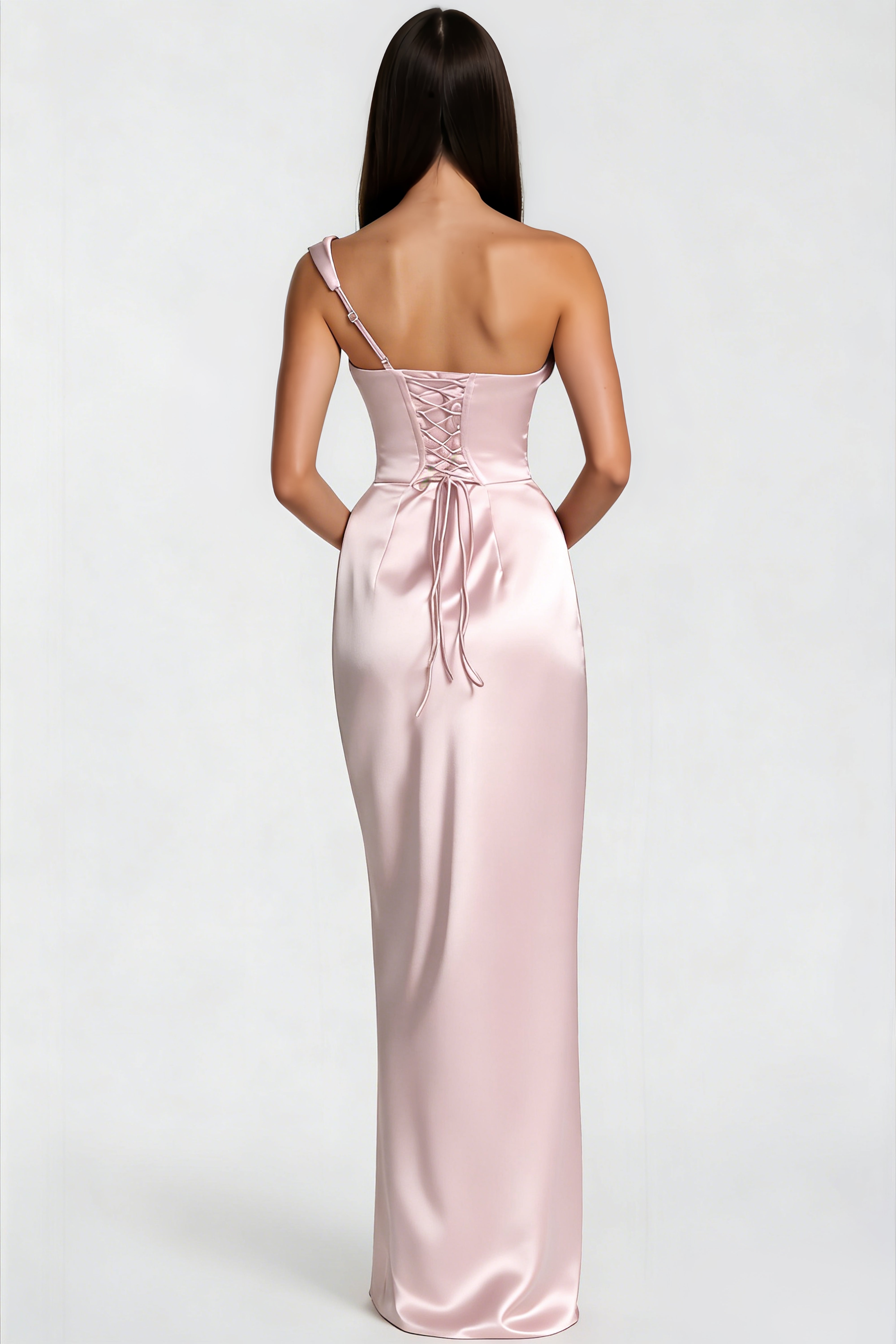 Hannah – Rosa Ein-Schulter-Maxikleid aus Satin