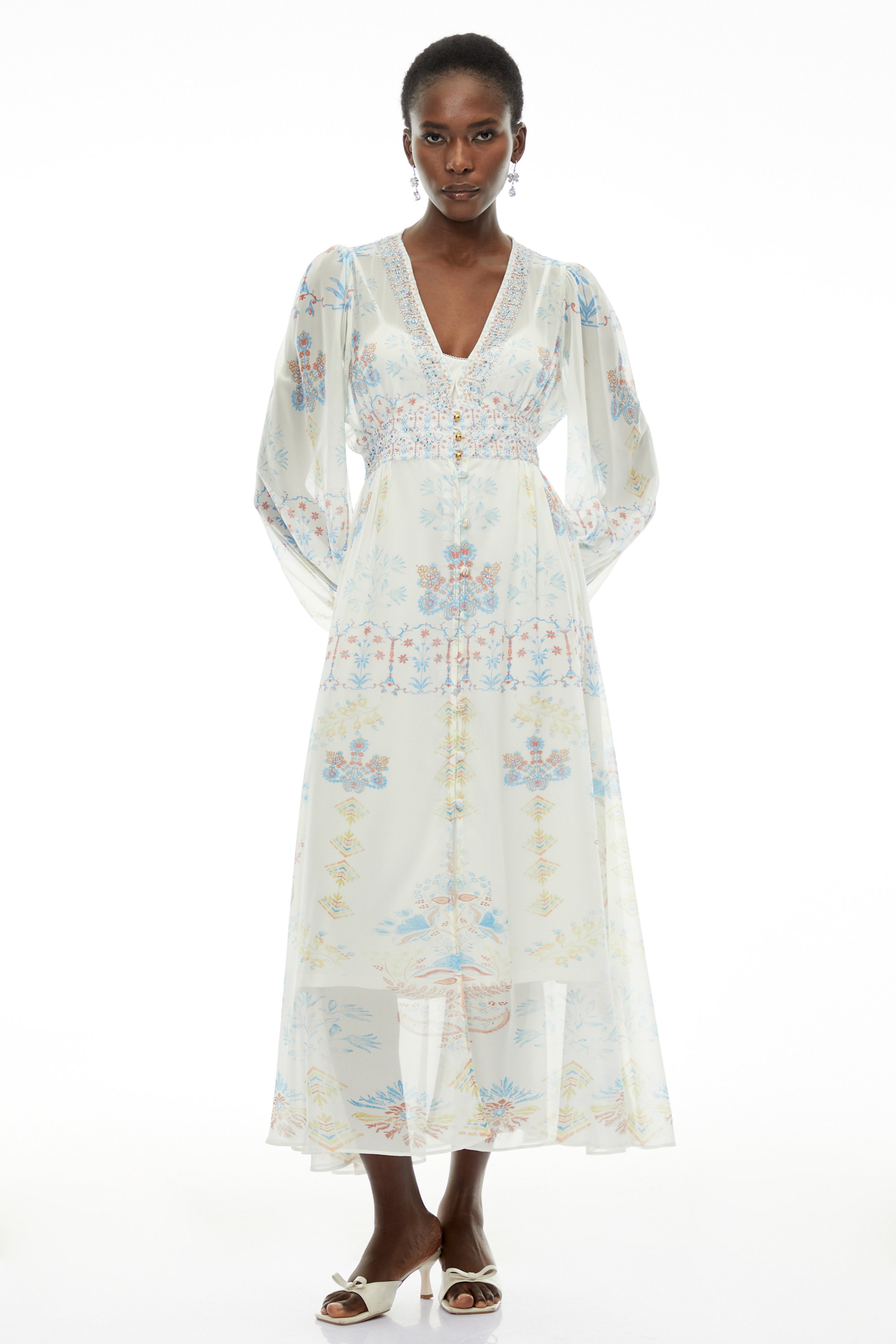 Hannah White Floral Print Chiffon Maxi Dress