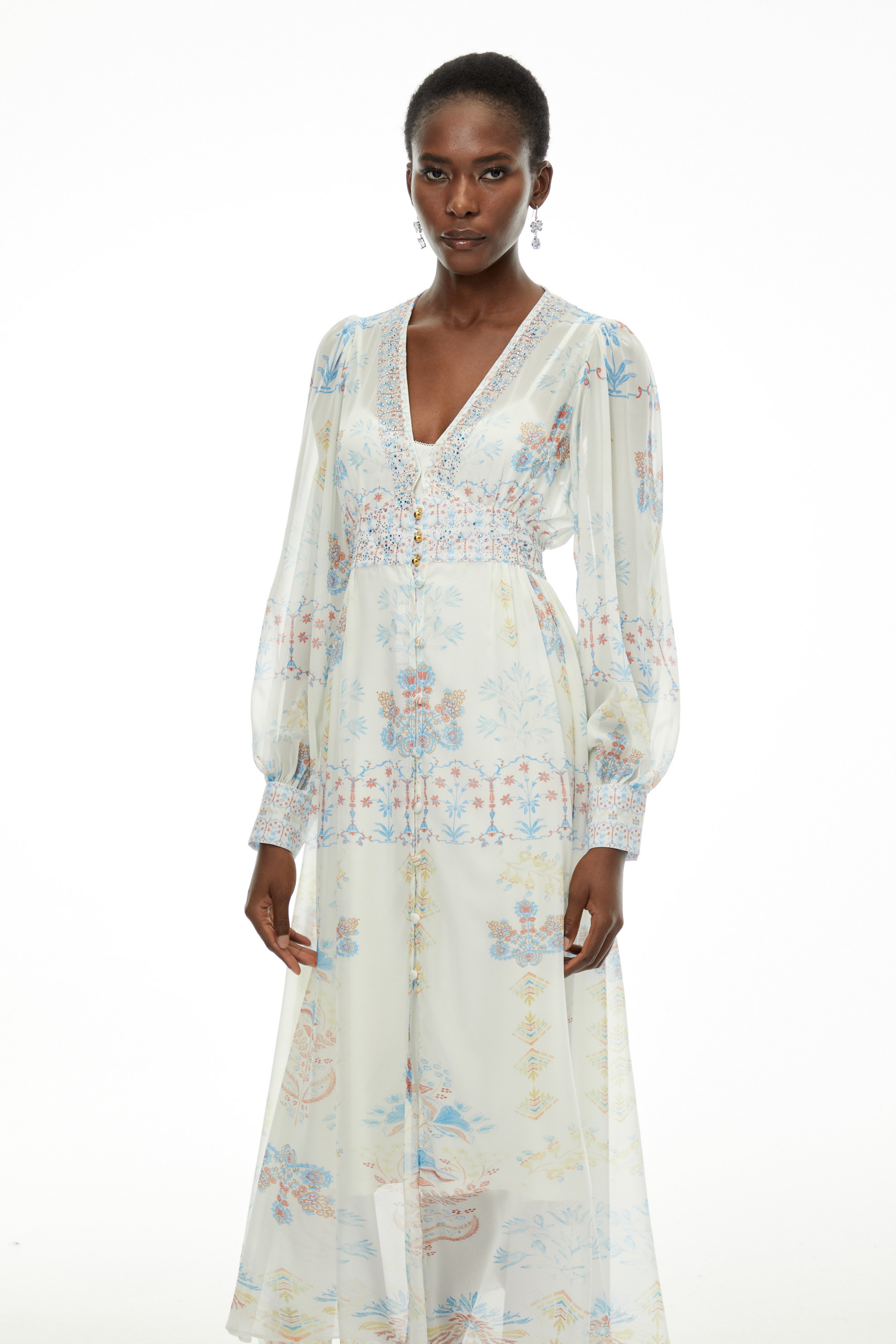 Hannah White Floral Print Chiffon Maxi Dress