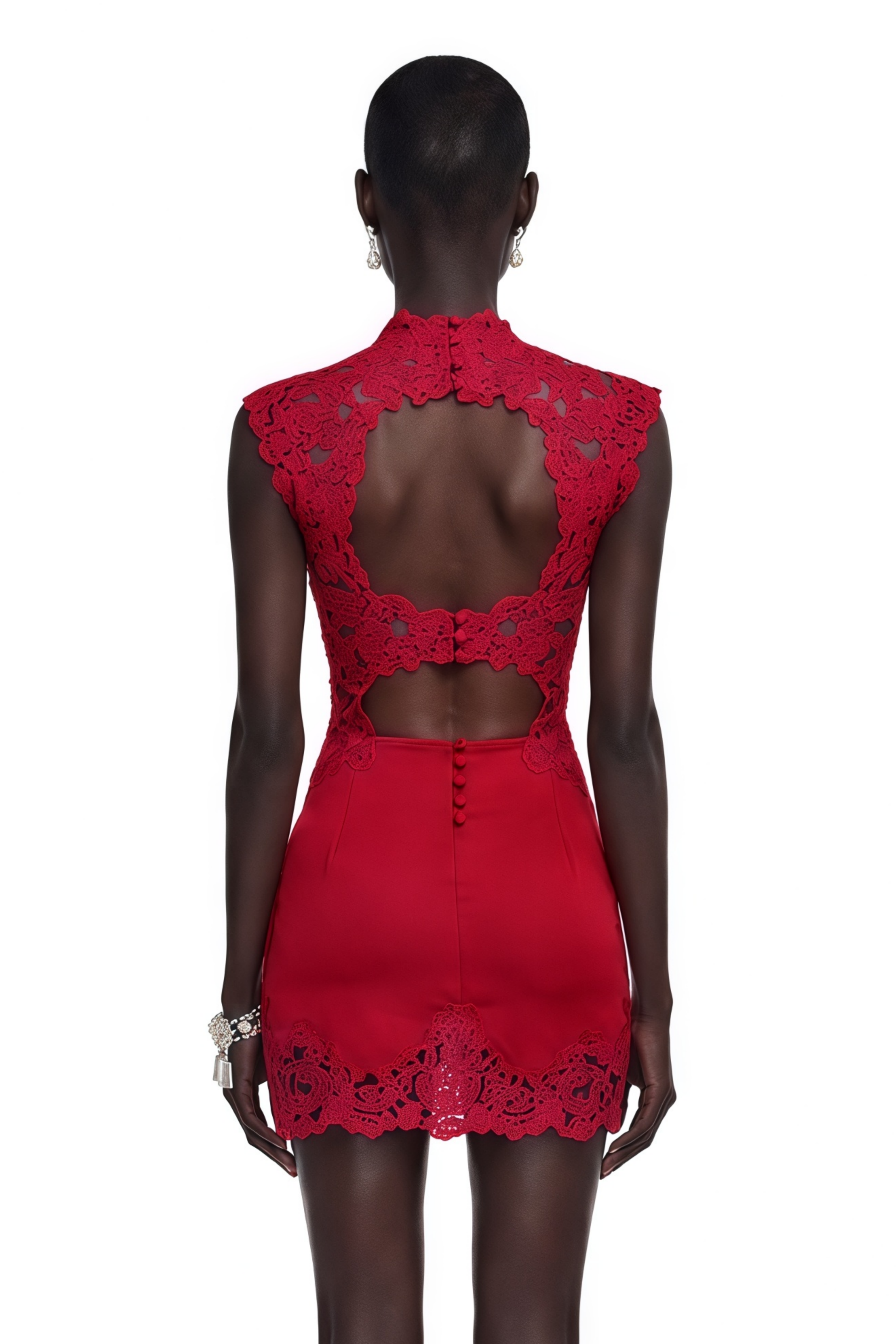 Flavie Red Satin Mini Dress with Lace Trim