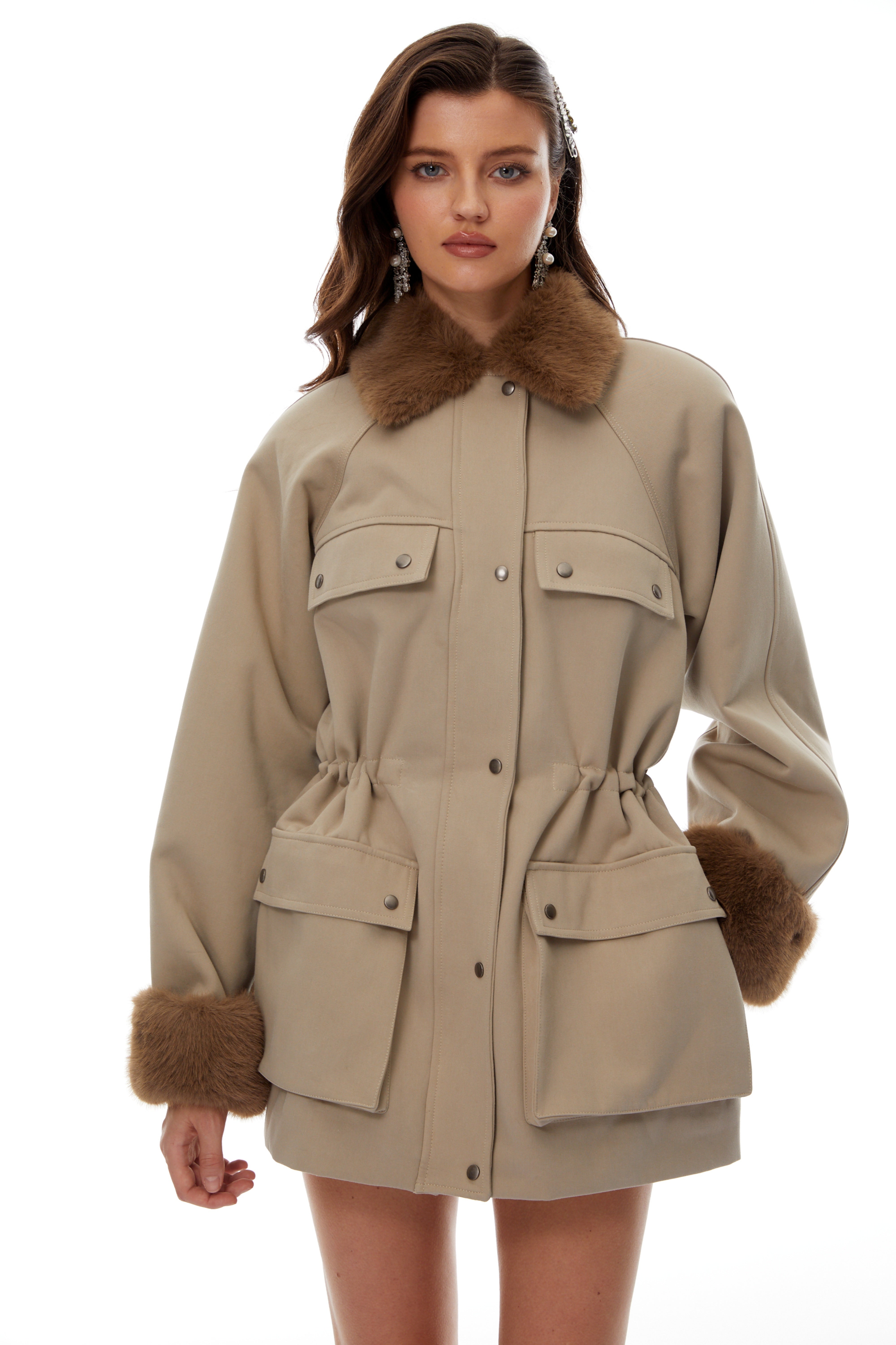 Haven Neutral Faux-Fur Trim Balmoral Jacket
