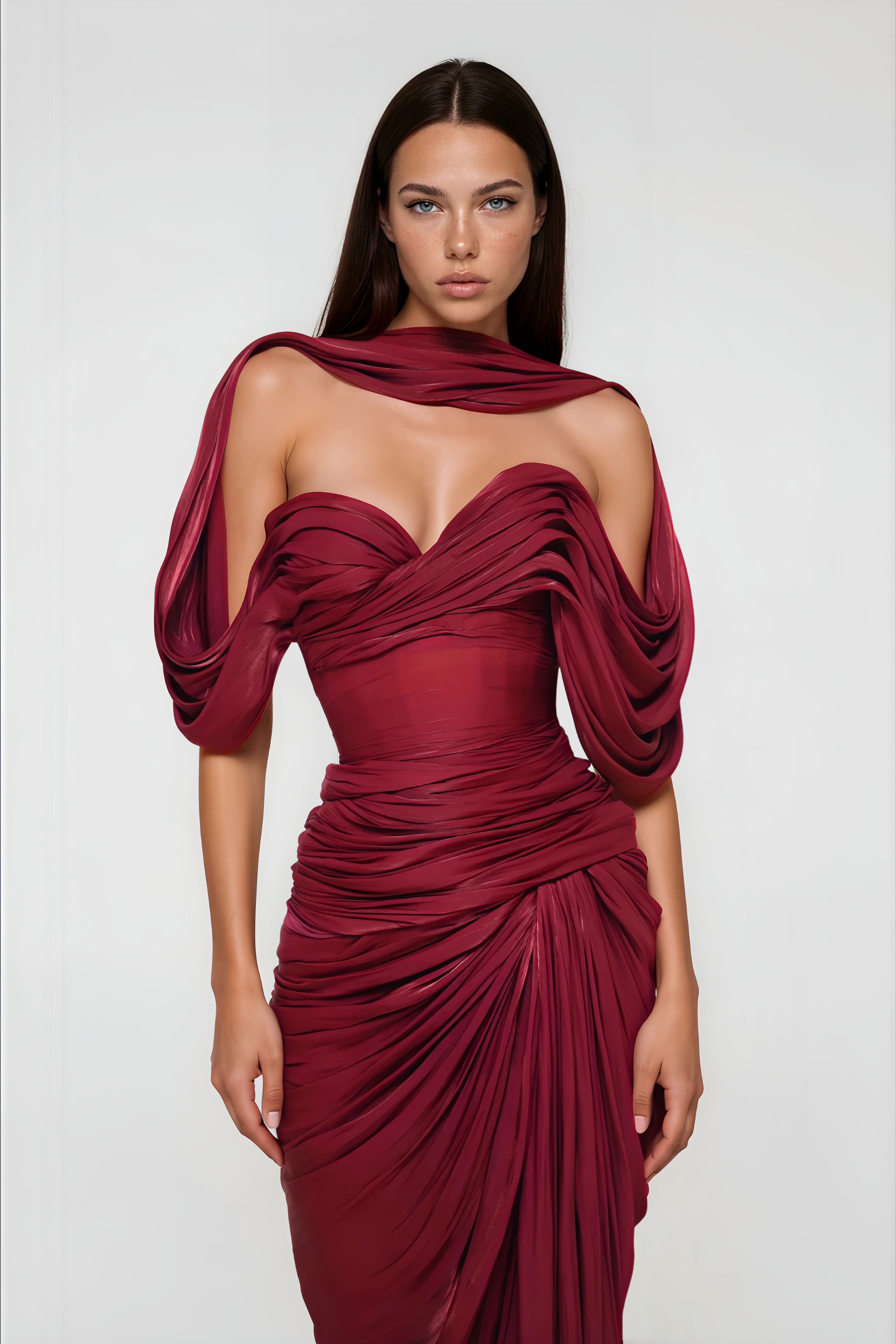 Robe longue bordeaux à épaules dénudées, avec un corsage froncé, des manches drapées et un foulard assorti