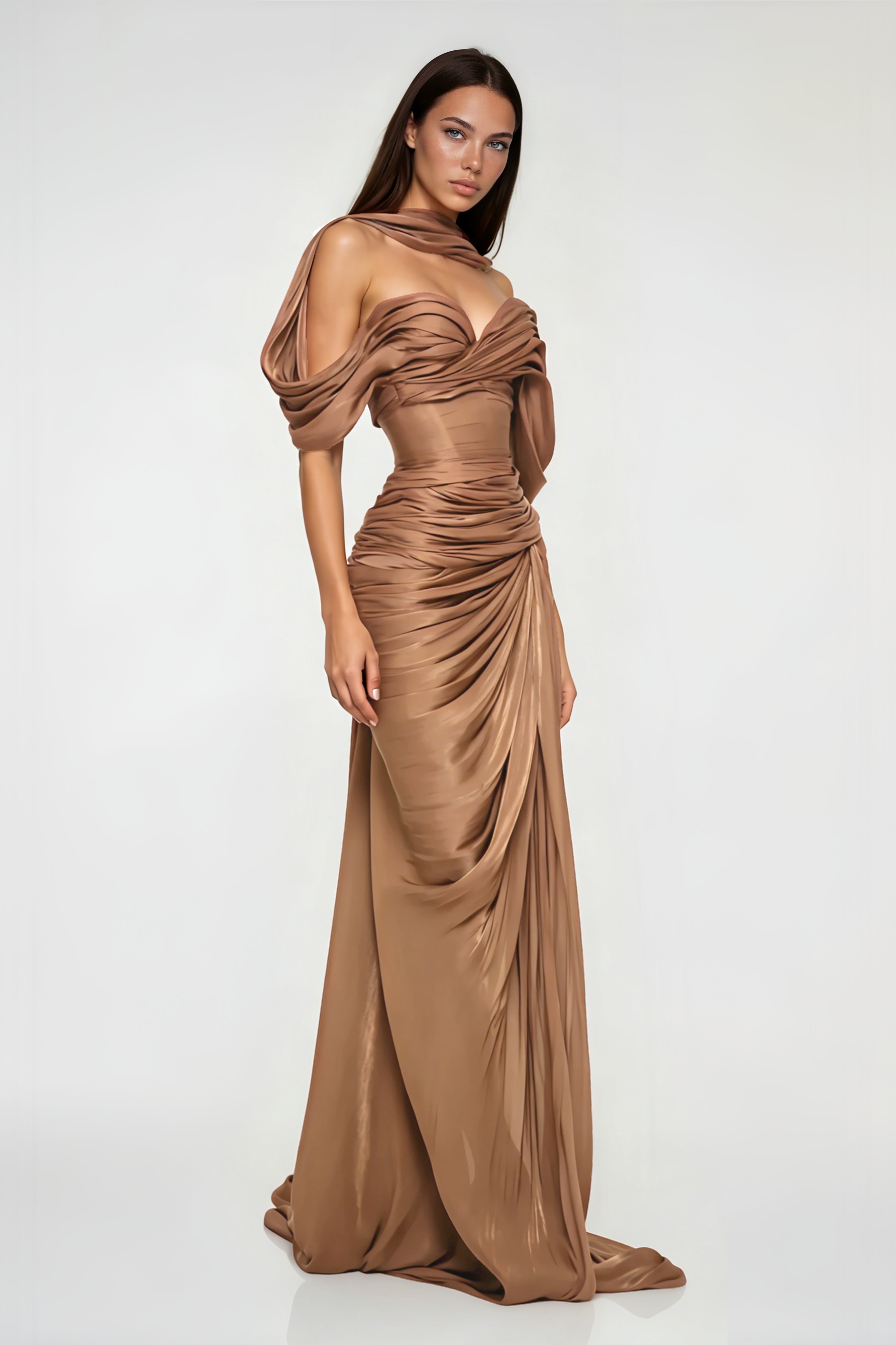 Robe longue drapée asymétrique Hazel Gold