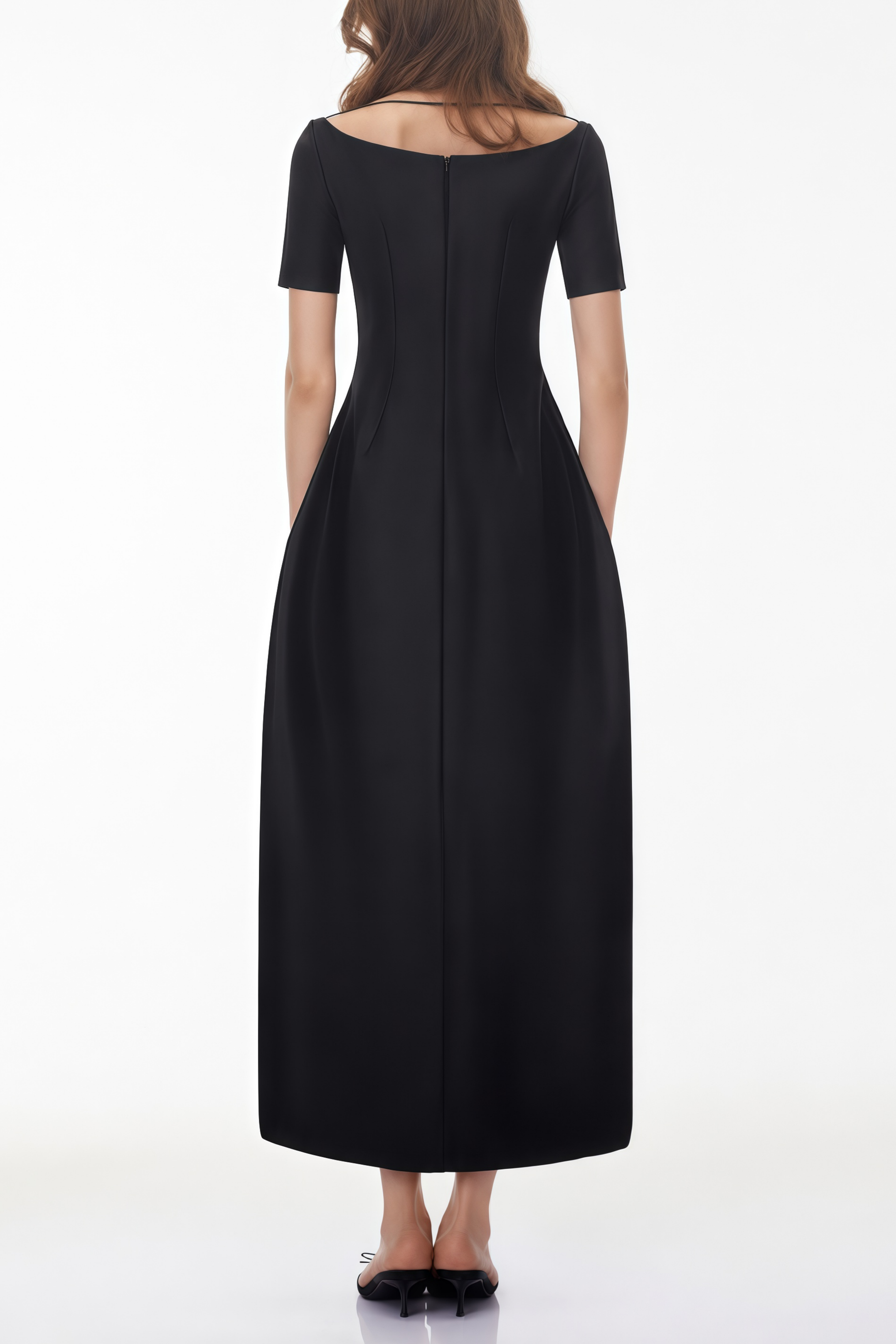 Black Off-the-Shoulder High-Low Midi Dress with Deep V-Neck and Balloon Skirt
