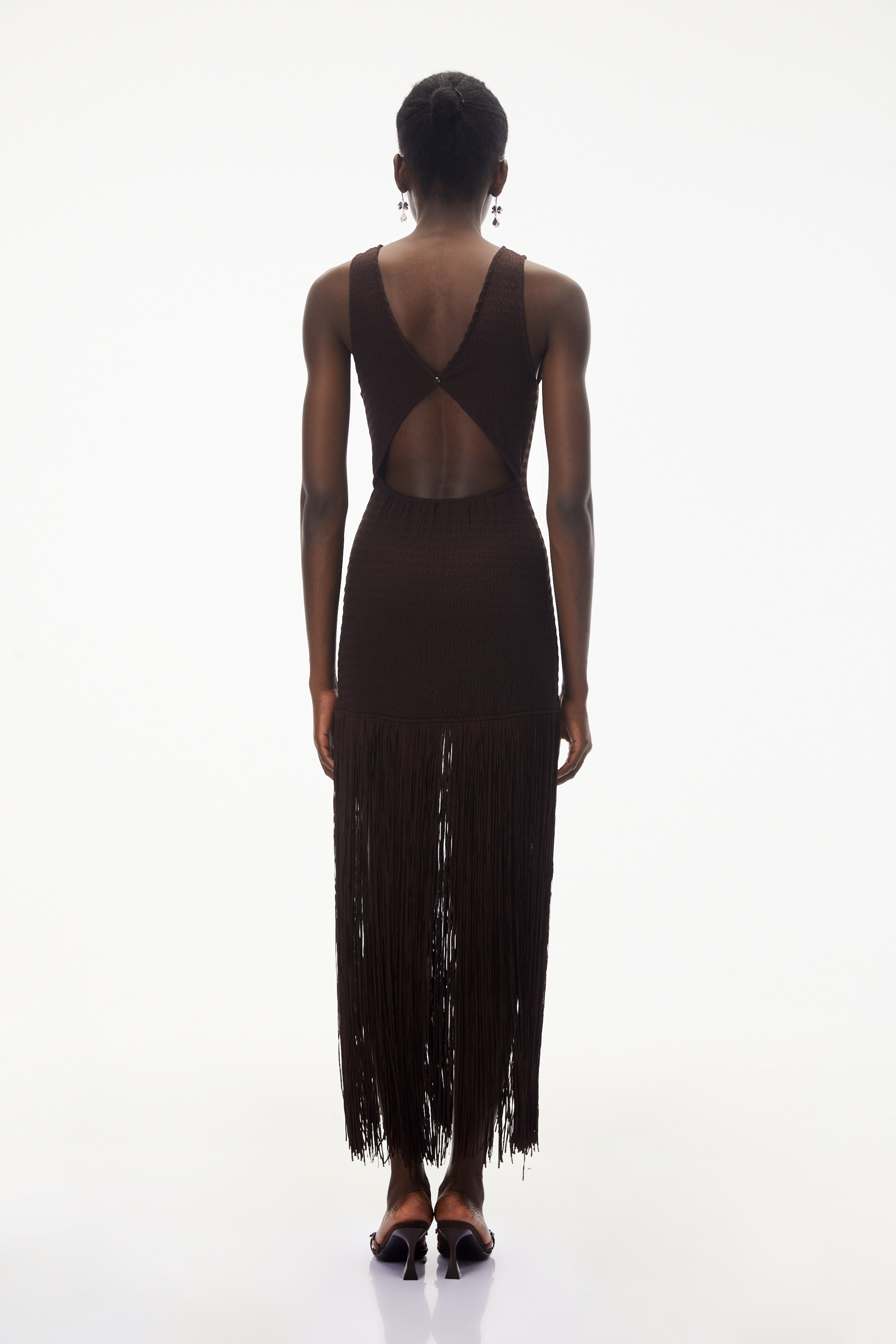 Hestia Chocolate Brown Sleeveless Fringed Maxi Dress