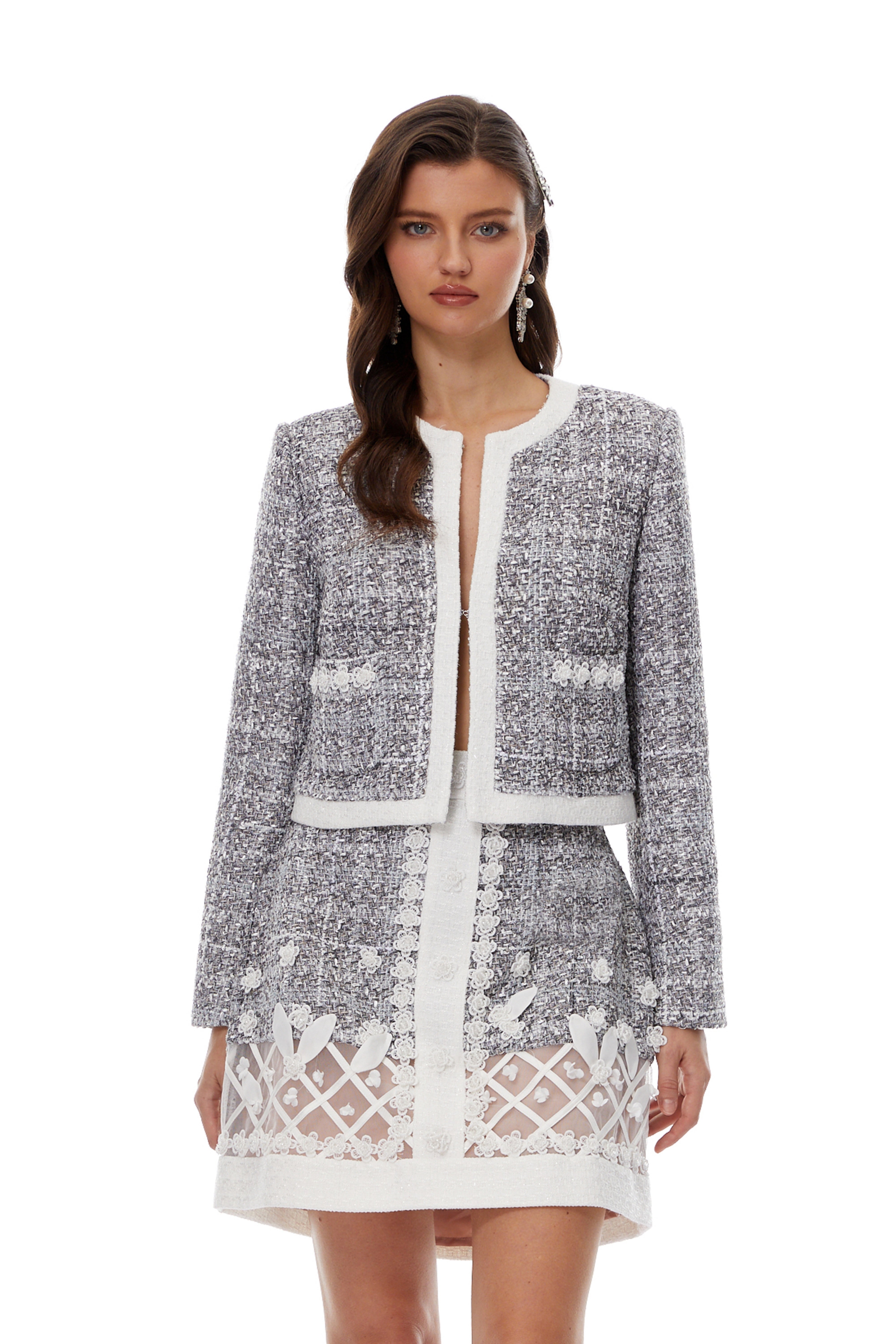 Hildegard Grey Tweed Jacket & Skirt Set with 3D Petals