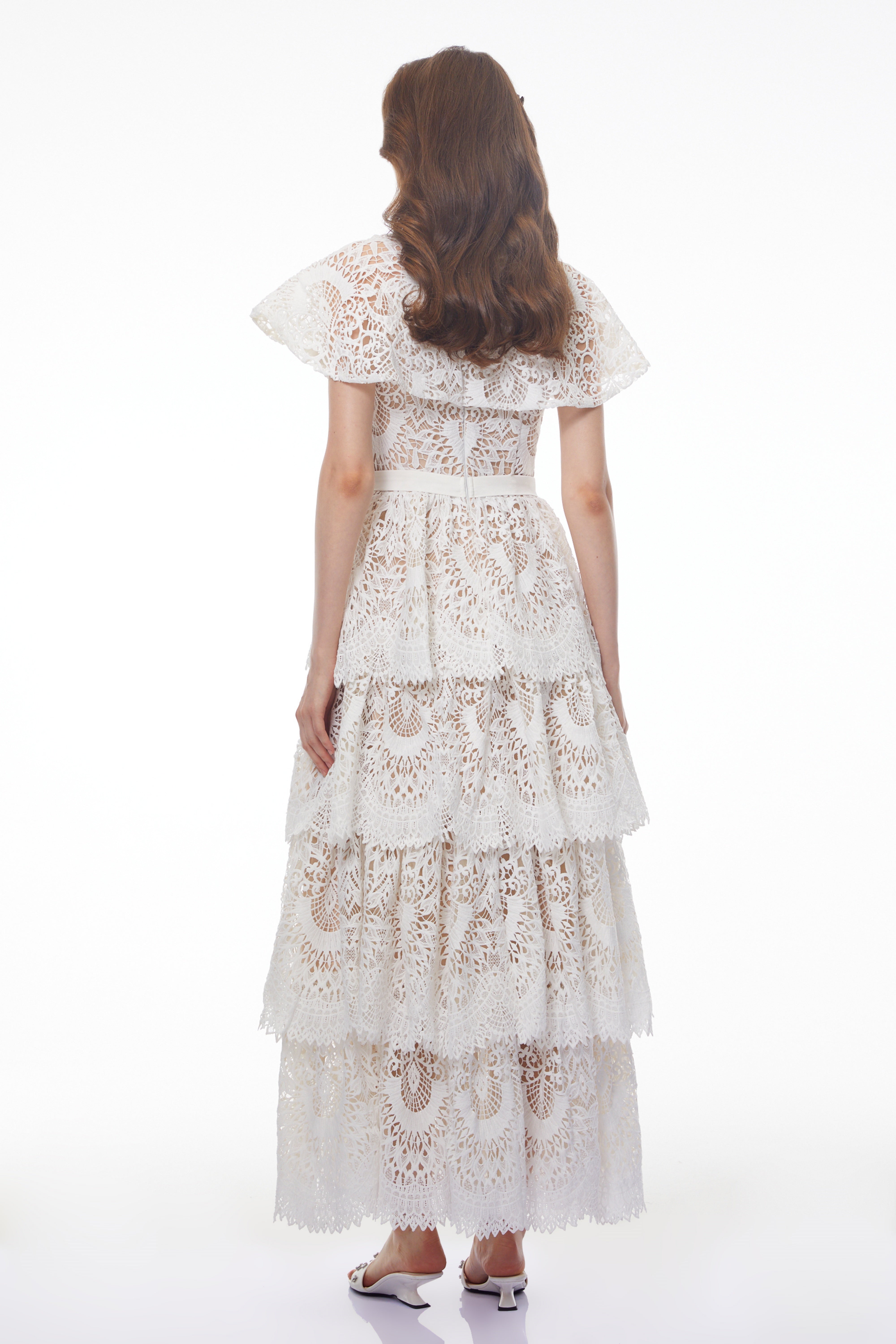 Homa White Tiered Lace Maxi Dress with Cape