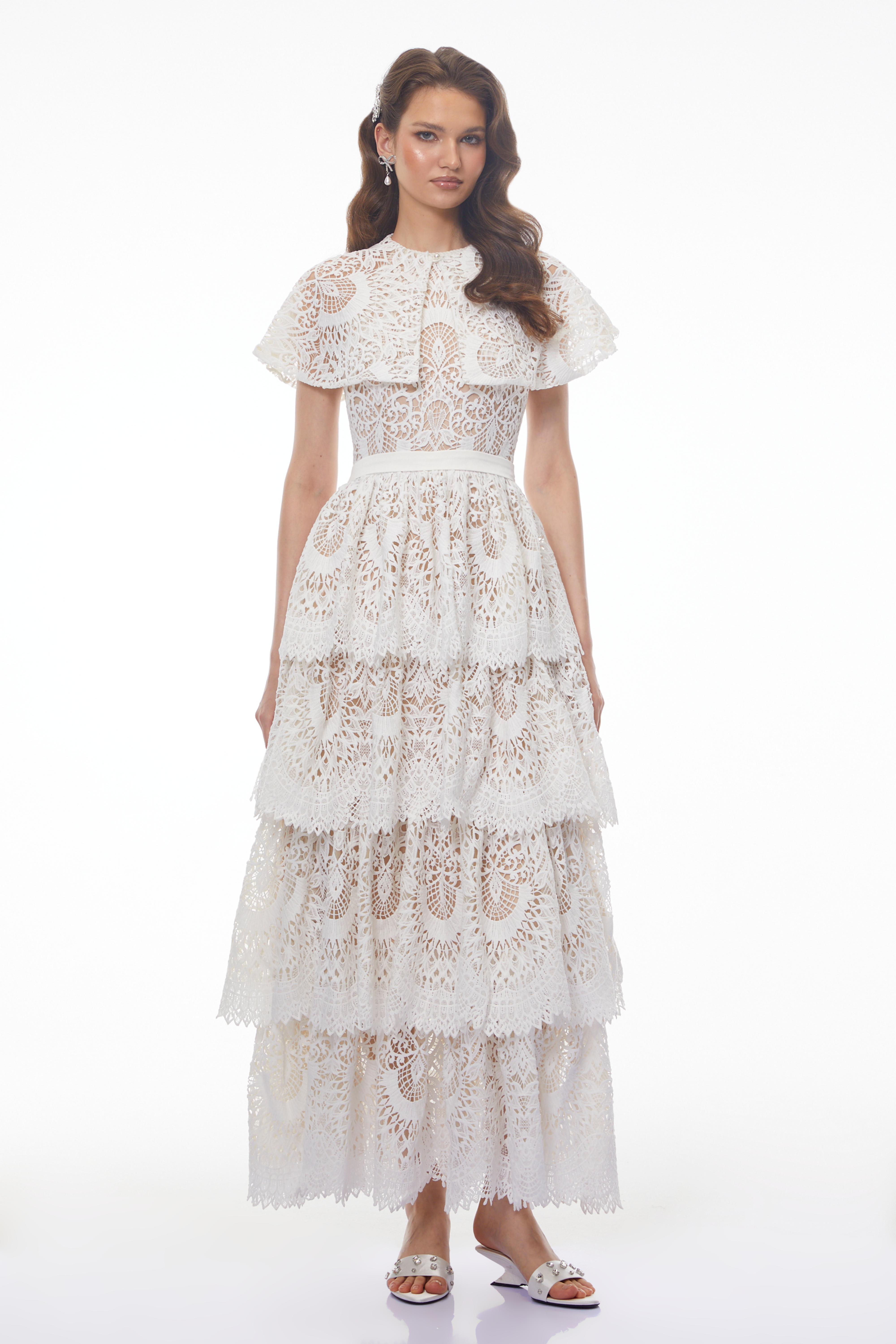 Homa White Tiered Lace Maxi Dress with Cape