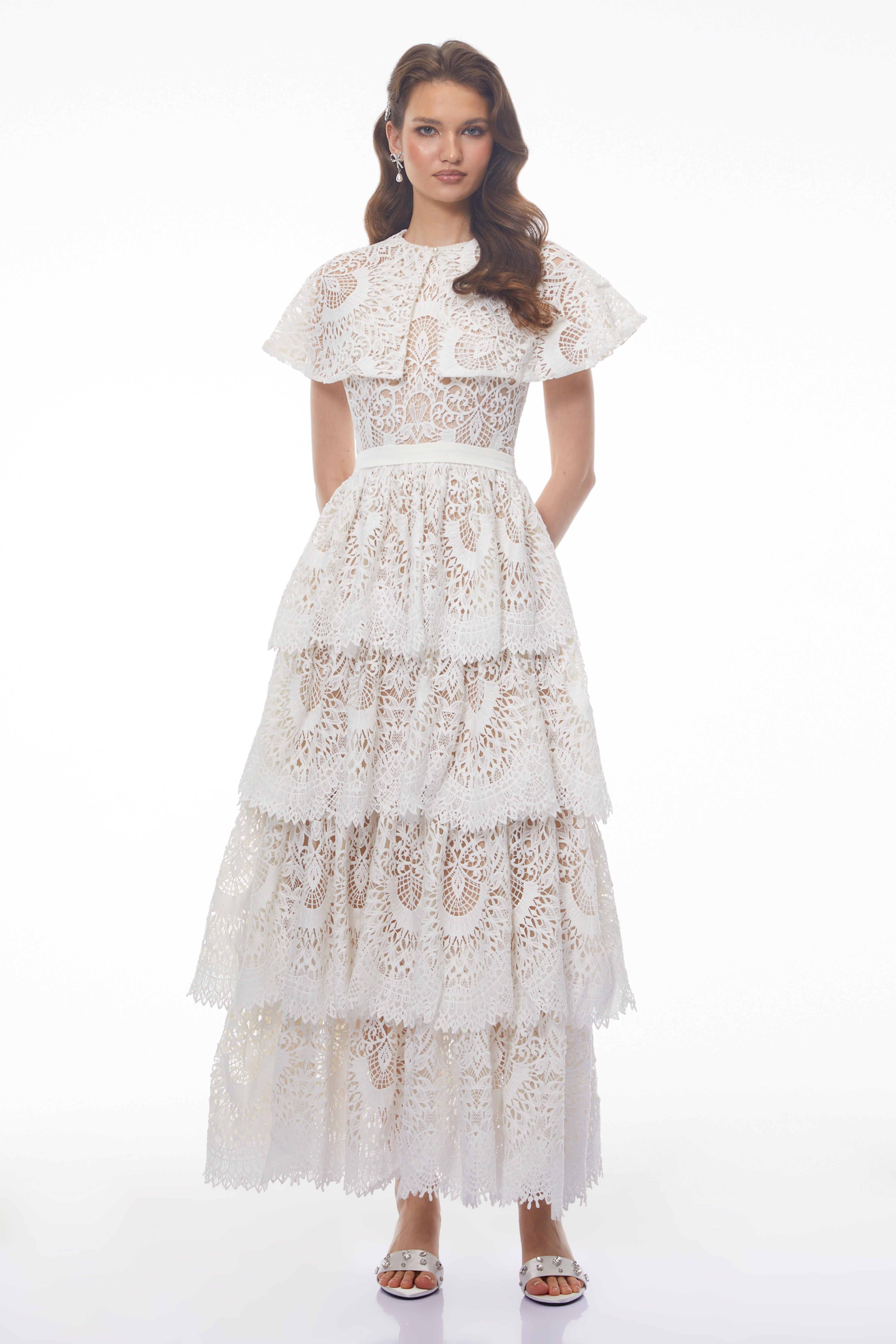 Homa White Tiered Lace Maxi Dress with Cape