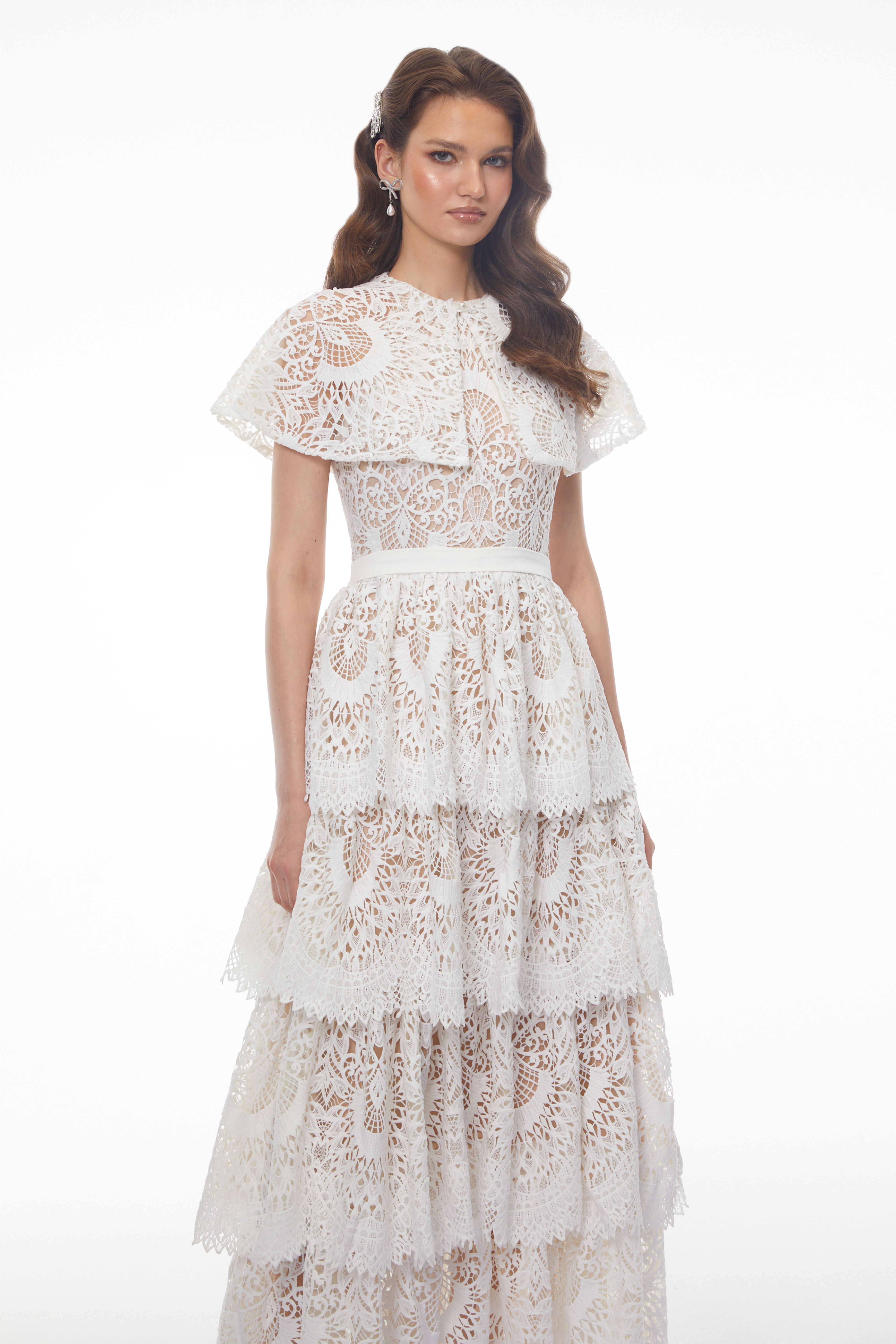 Homa White Tiered Lace Maxi Dress with Cape