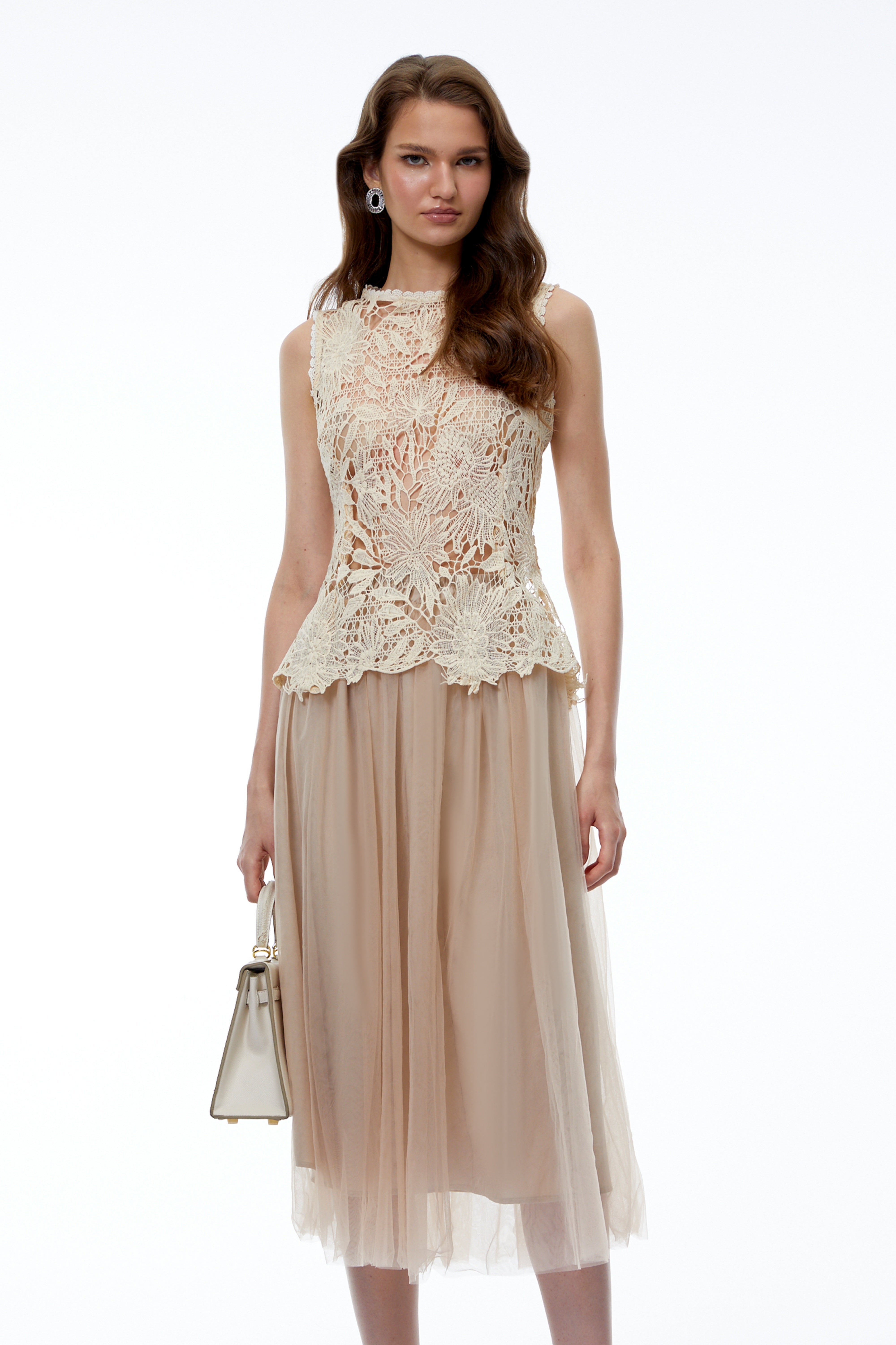 Hortensia Cream Floral Lace Top & Tulle Skirt Set