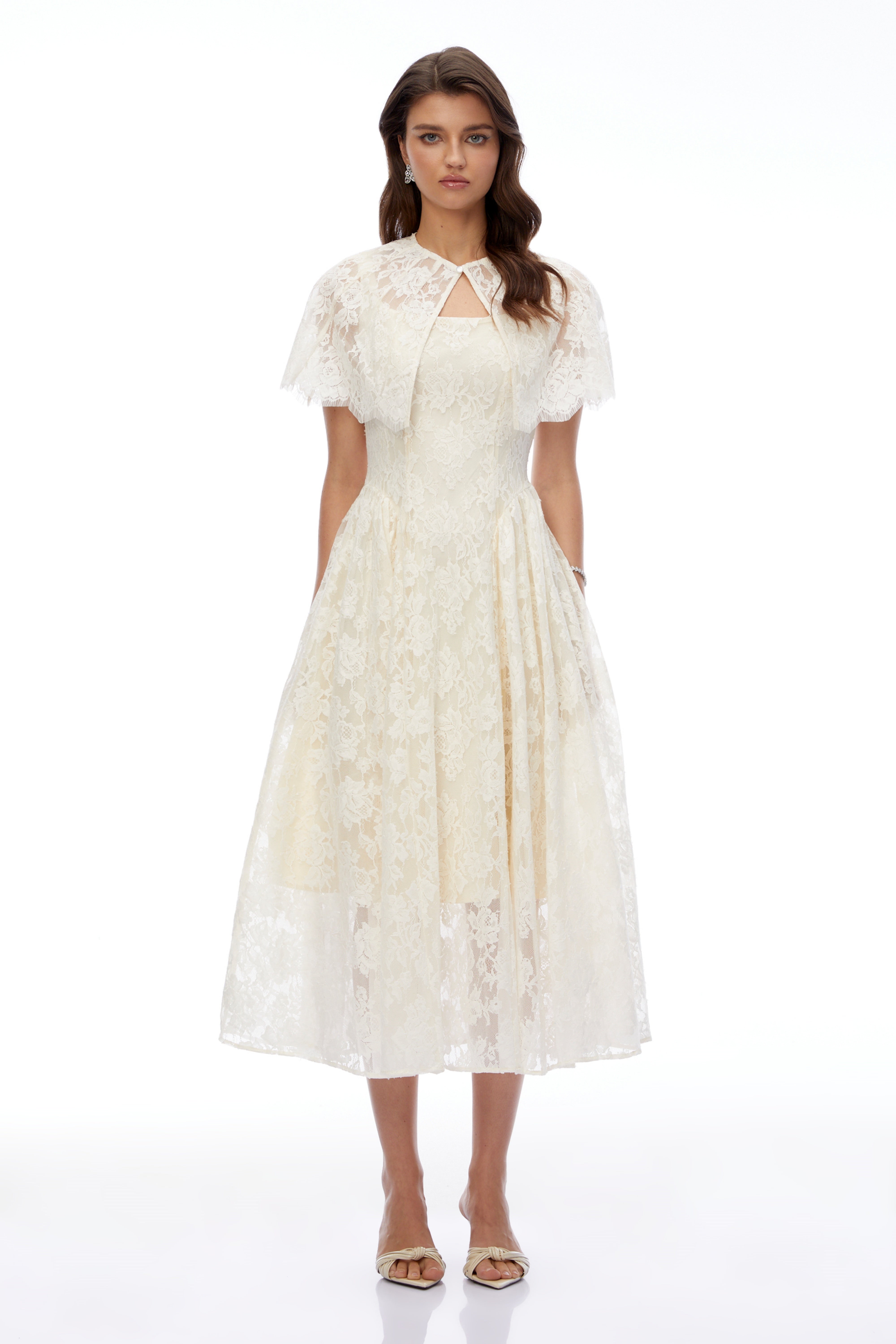 Huia Cream Lace Midi Dress with Cape