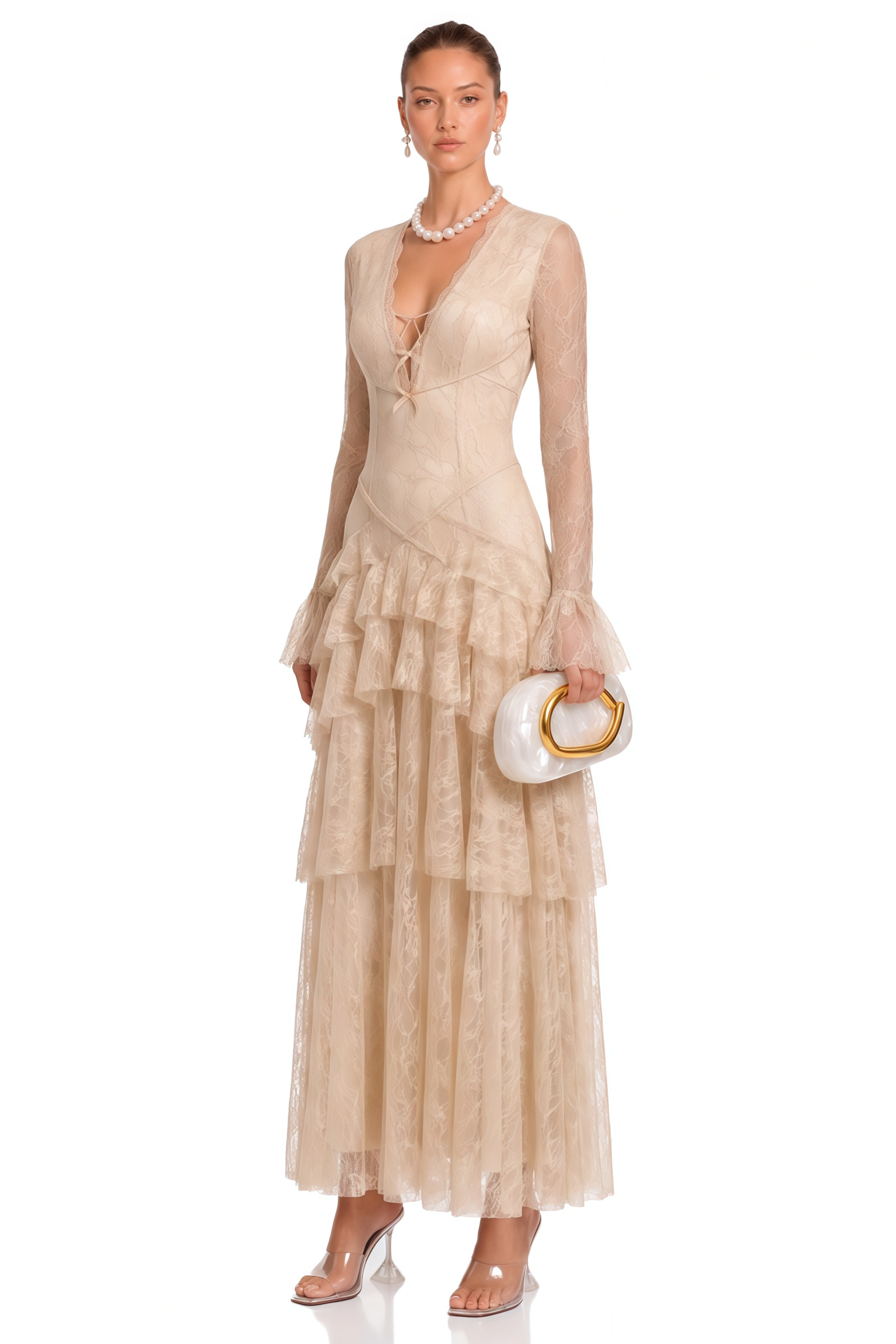 Humayma Beige Lace Tiered Midi Dress