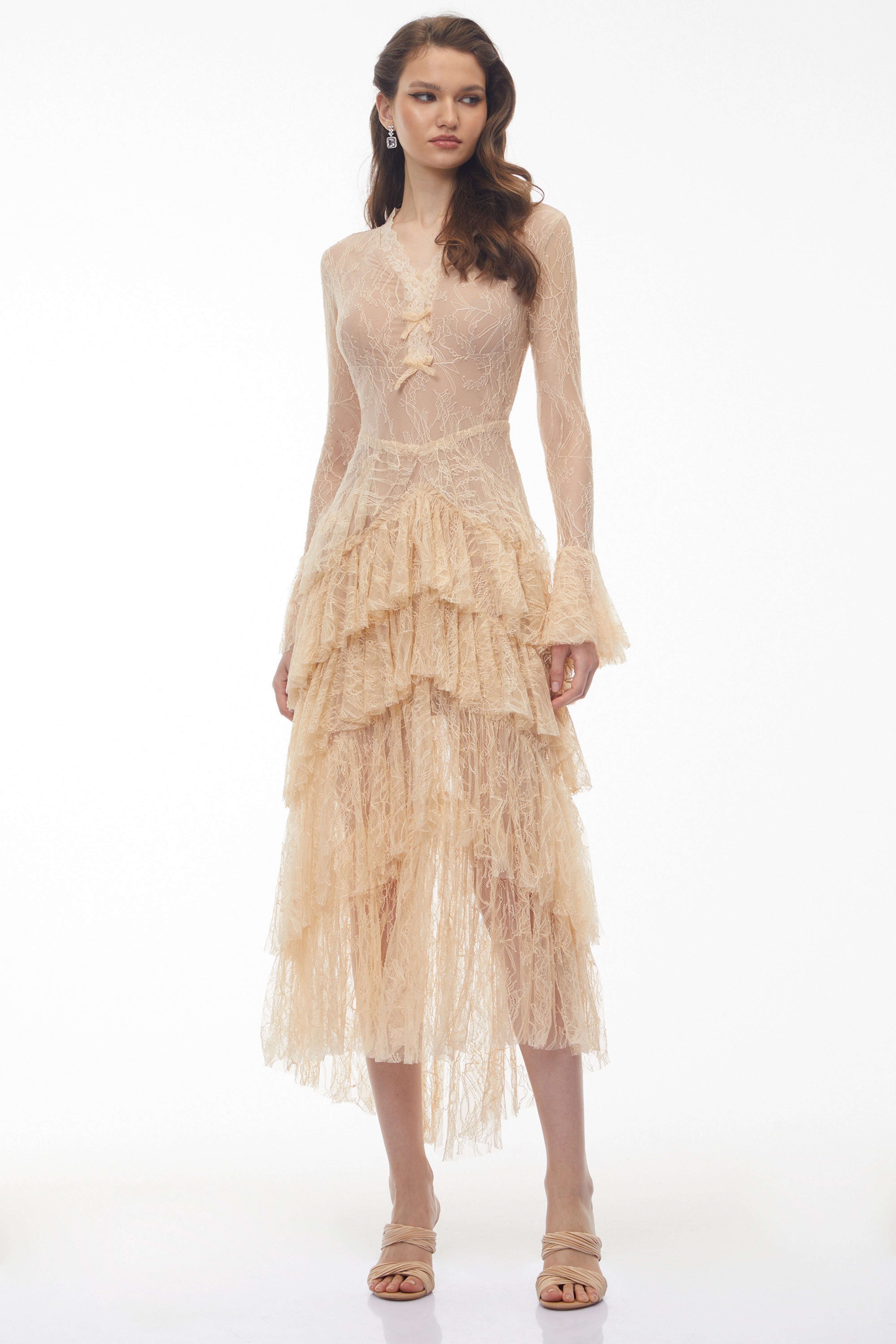 Robe midi à volants en dentelle beige Humayma