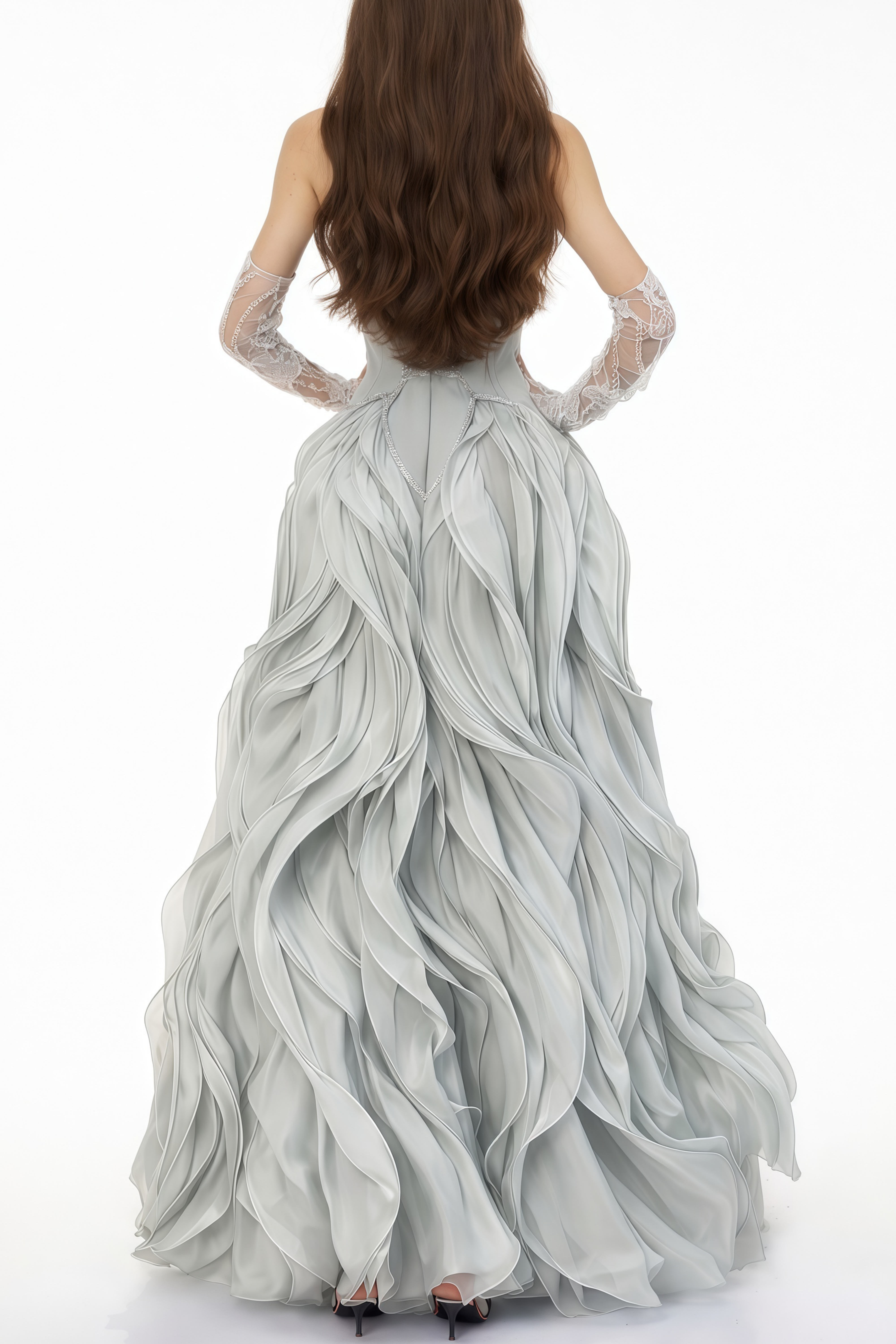 Ianthe – Maxikleid aus Tüll mit Rüschen in Staubblau