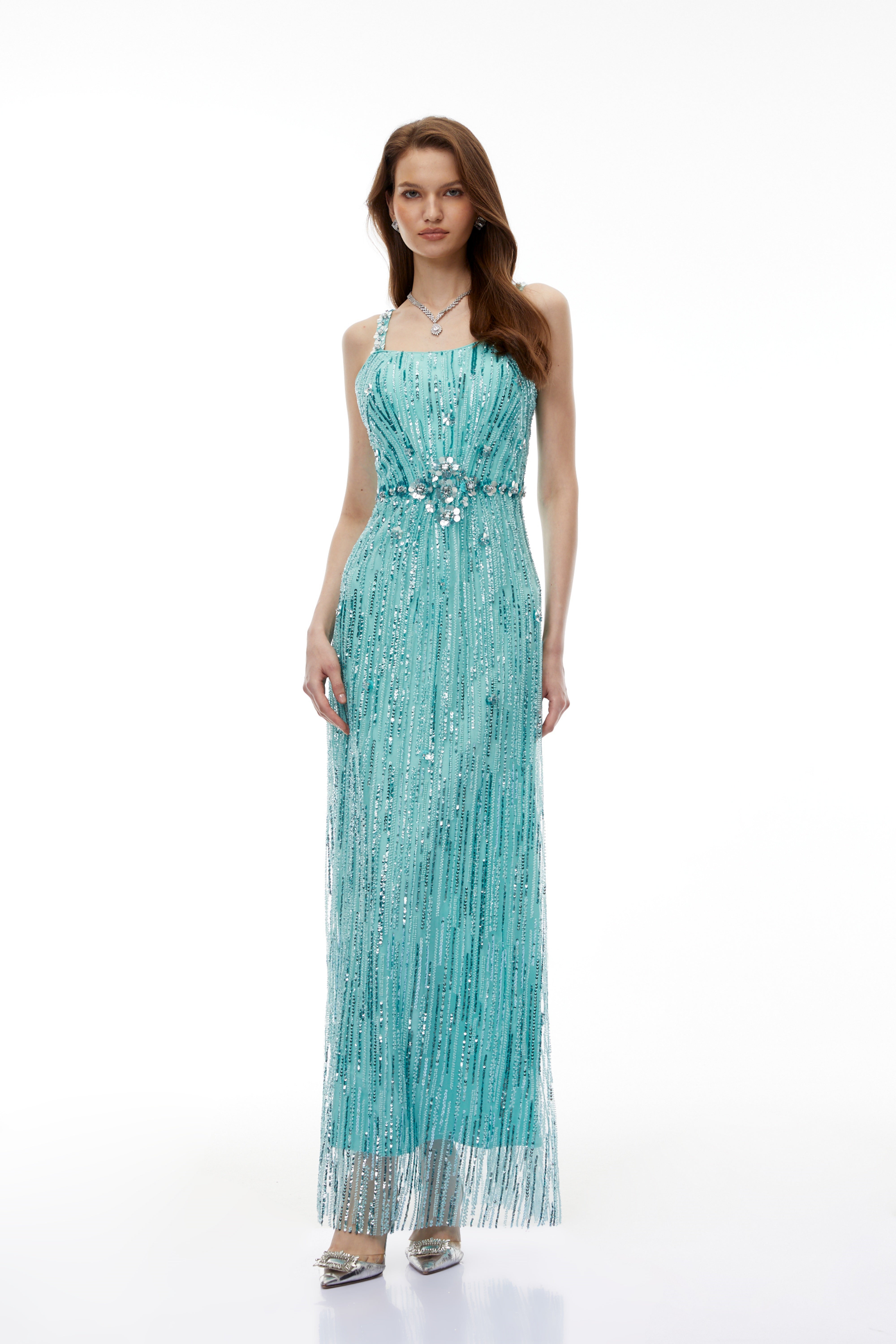 فستان ماكسي مزين بزخارف خضراء من Ianthe مع حواف مزينة بالشراشيب