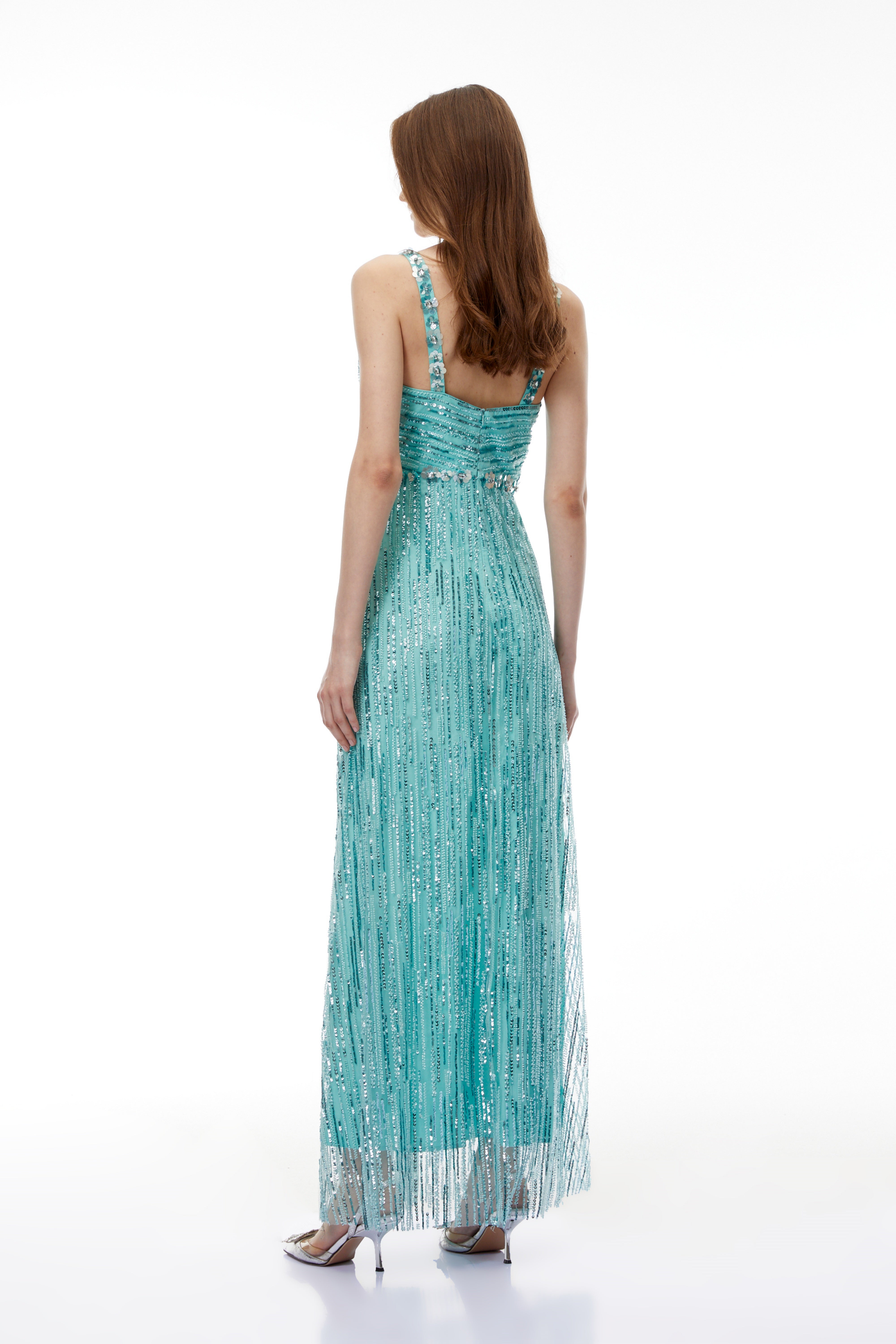 فستان ماكسي مزين بزخارف خضراء من Ianthe مع حواف مزينة بالشراشيب