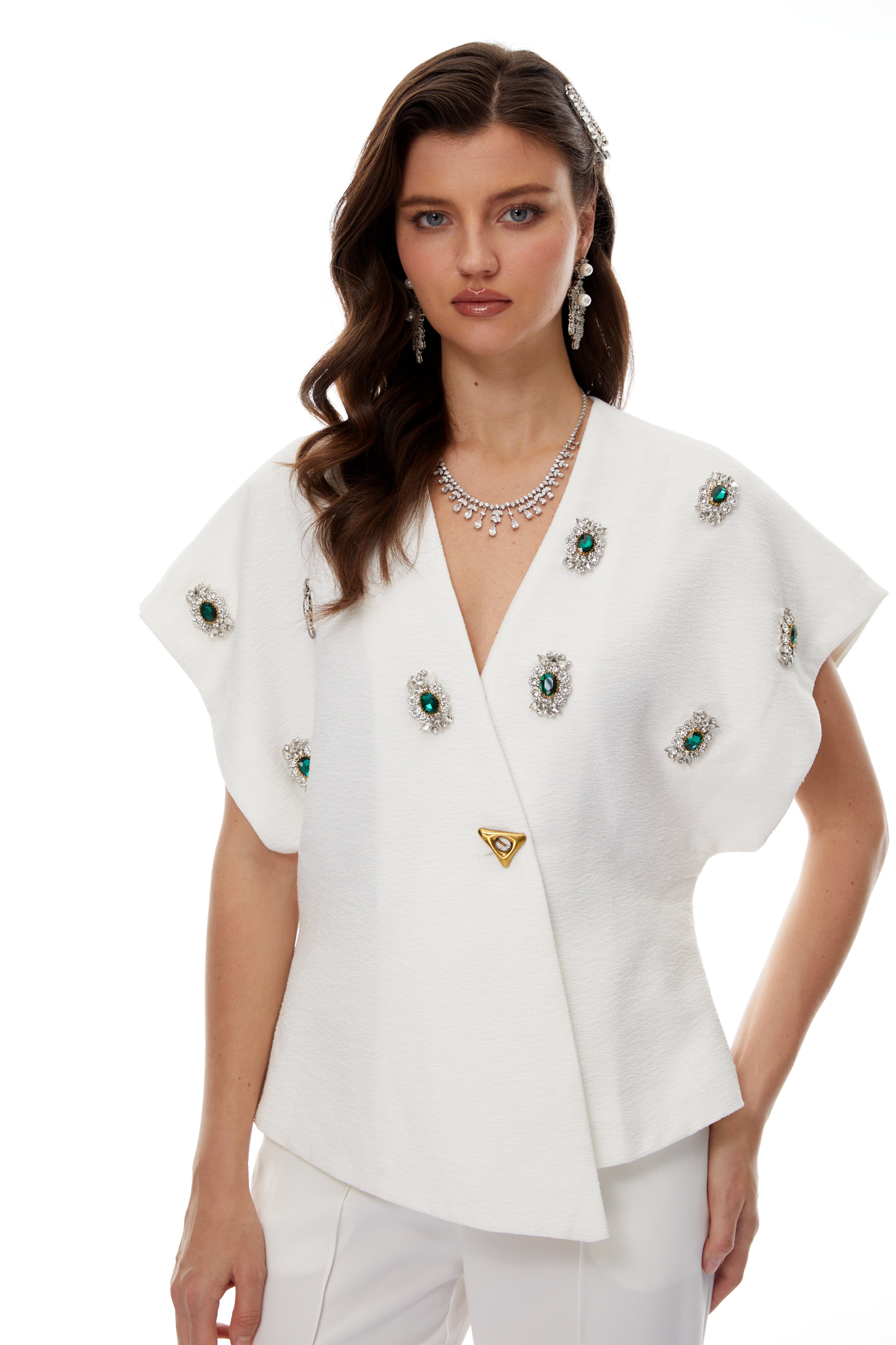 Ida White Crystal Embellished Asymmetrical Waistcoat