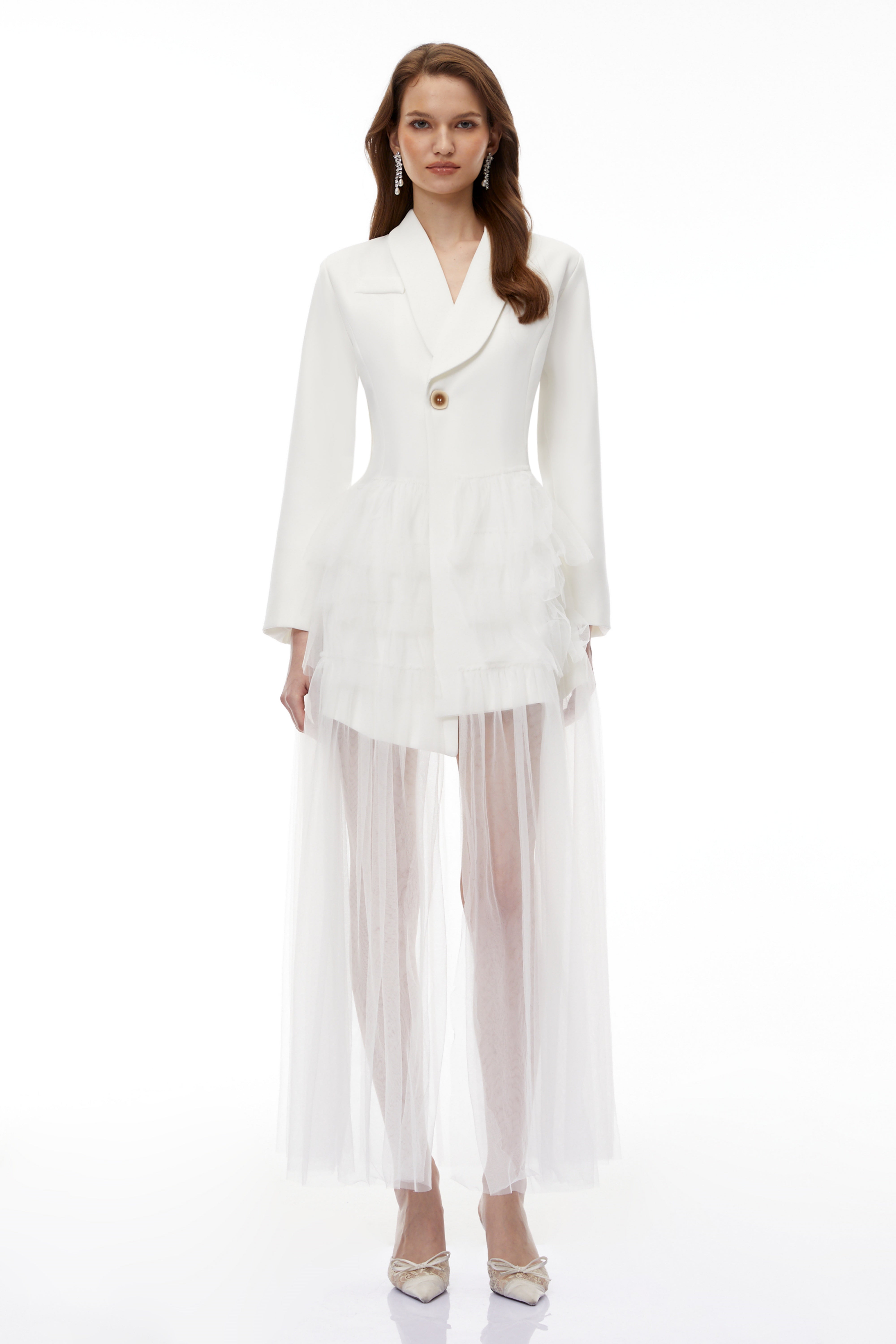 Illyria Weißes Blazer-Maxikleid mit Rüschentüll