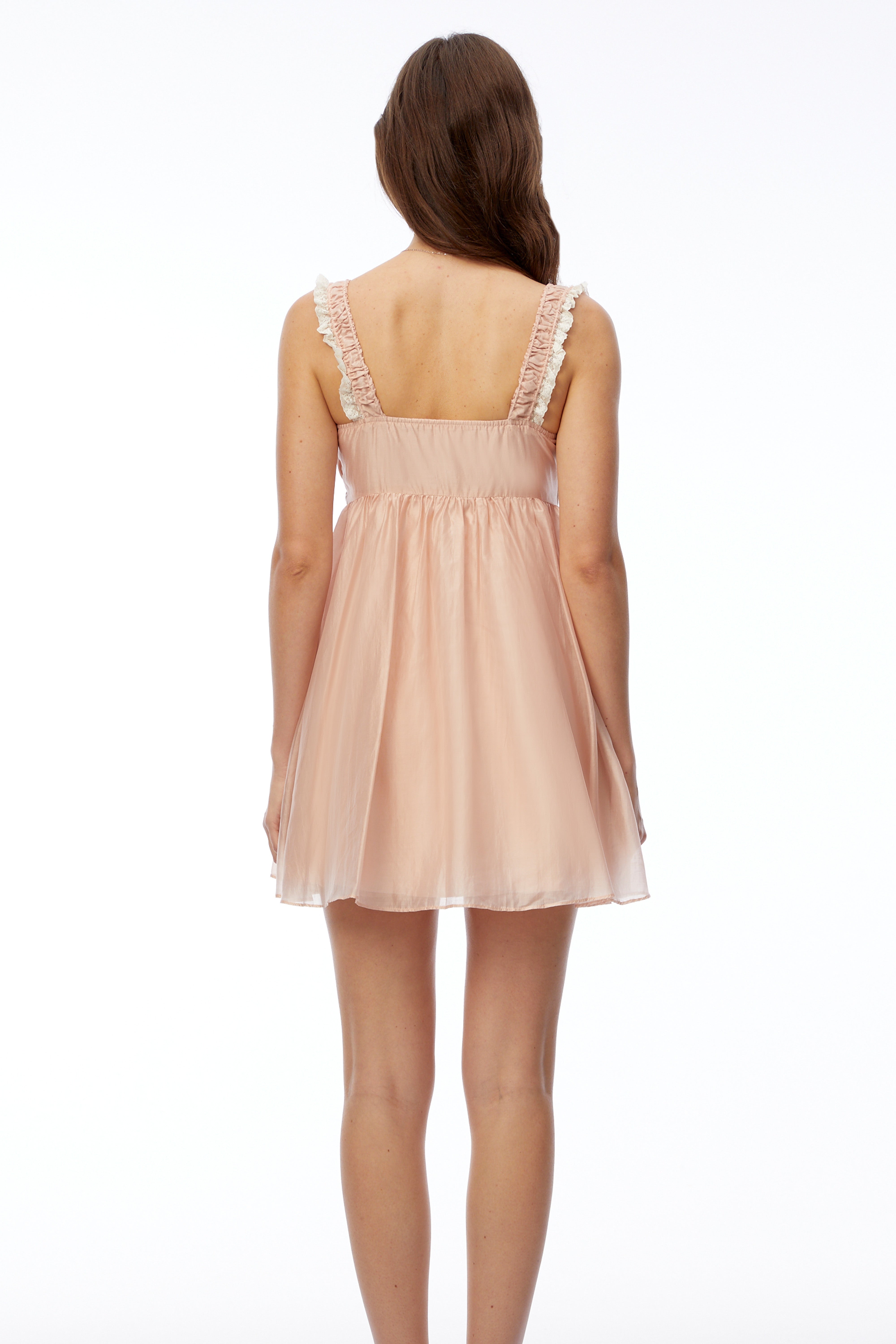 Inez Pink Ruched Mini Dress with Lace Trim