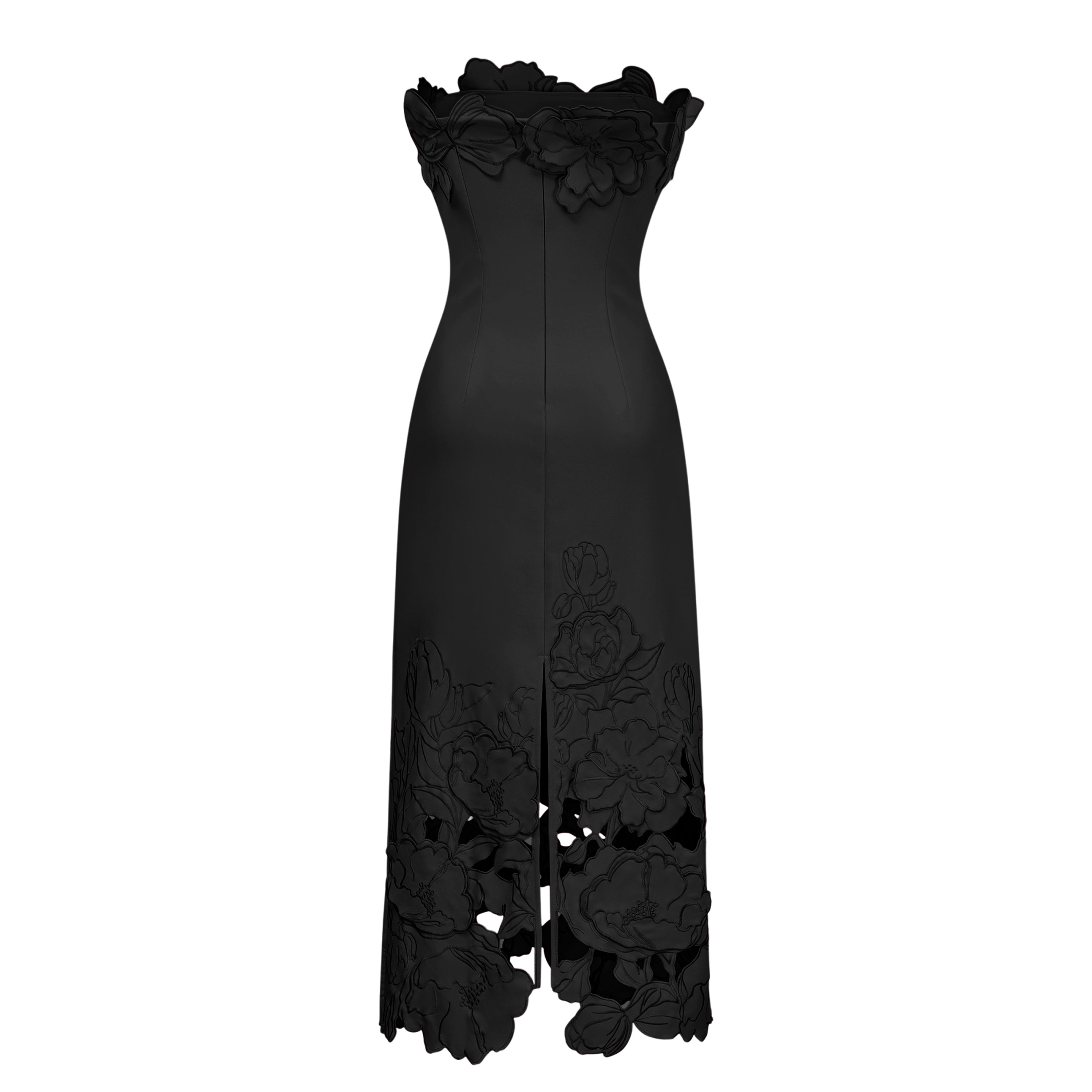 Inga Schwarzes trägerloses Maxikleid mit Blumenstickerei