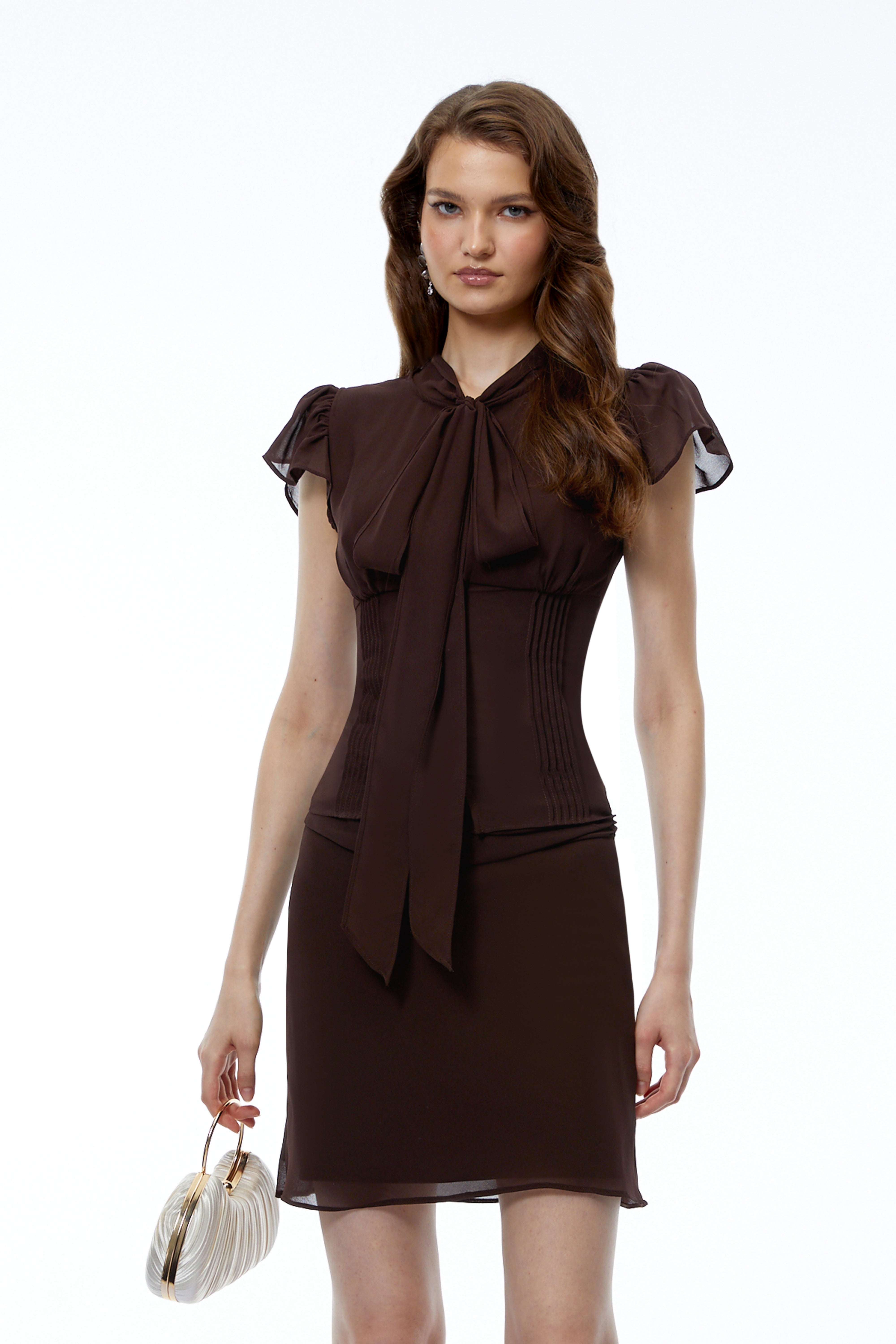 Irène Chocolate Brown Ruffled Tulle Top & Skirt Set