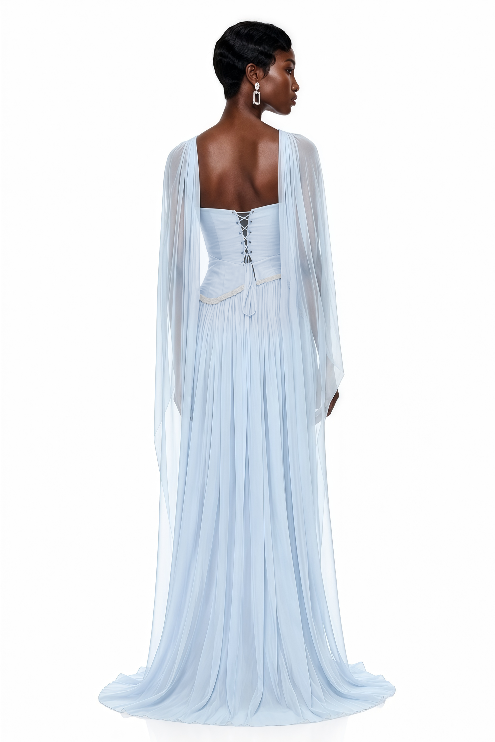 Light blue one-shoulder maxi dress with a draped overlay and pleated skirt