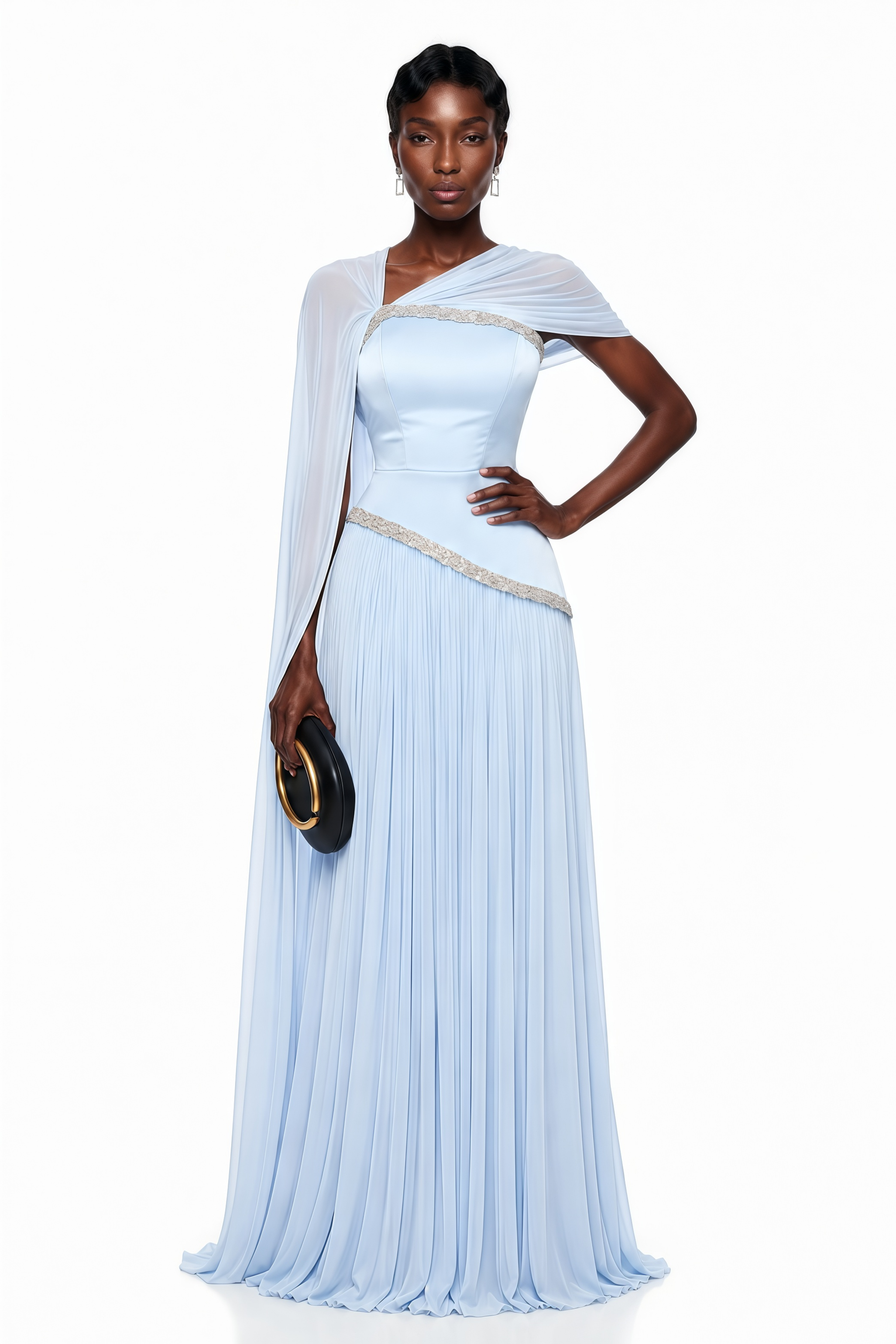 Iris Blue Embellished Asymmetrical Maxi Dress with Cape