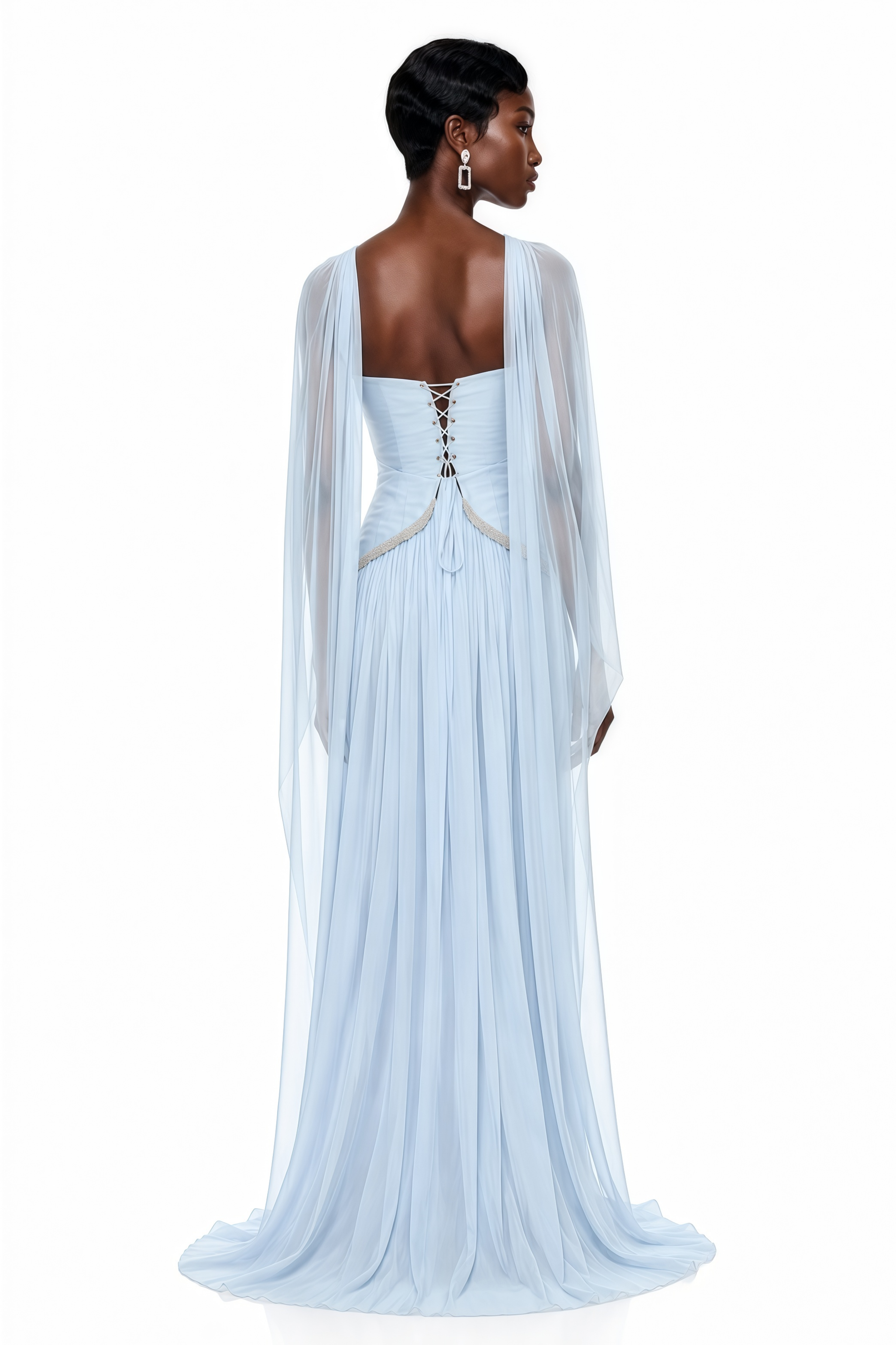 Iris Blue Embellished Asymmetrical Maxi Dress with Cape