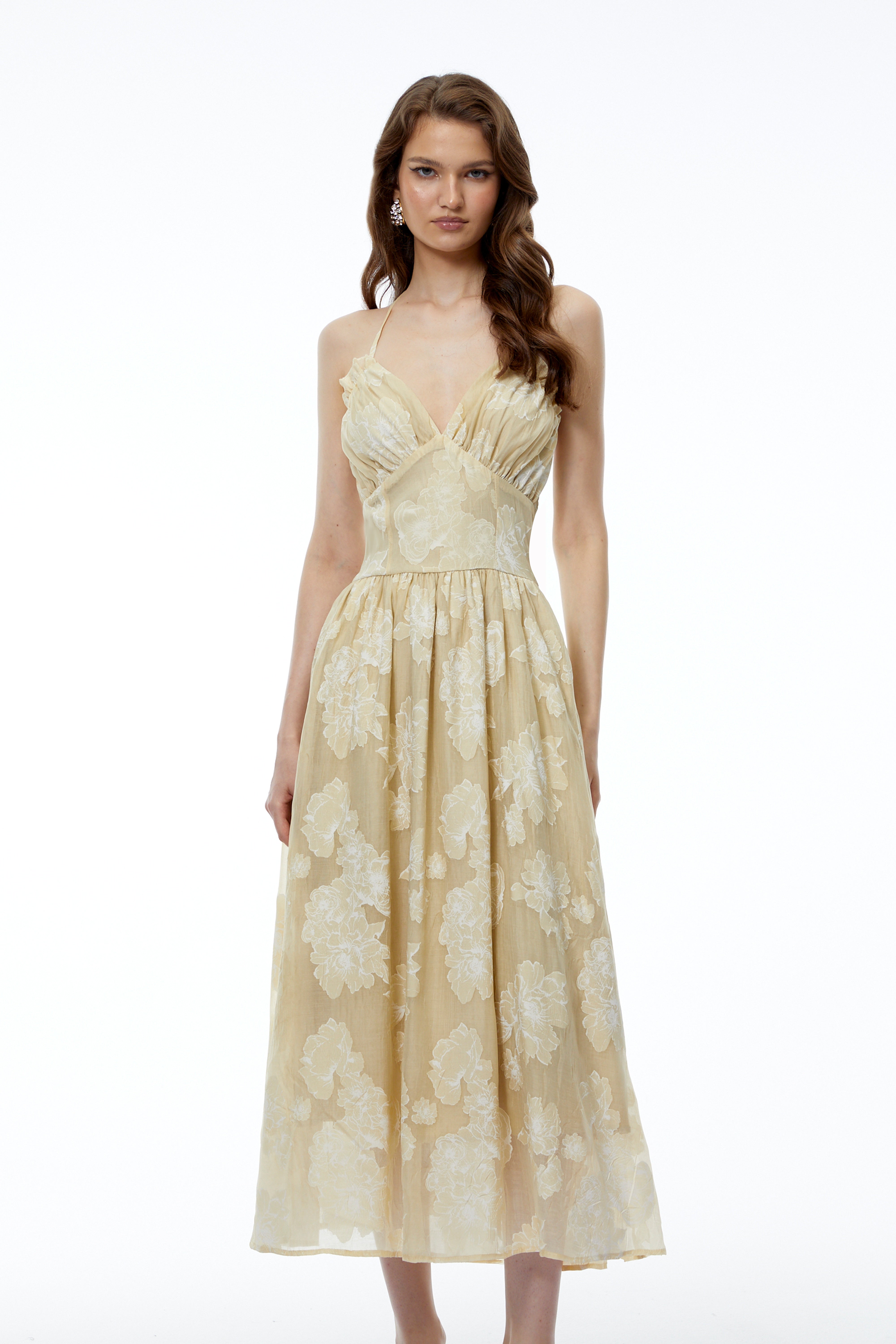 Iris Neutral Sweetheart Neckline Floral Print Maxi Dress