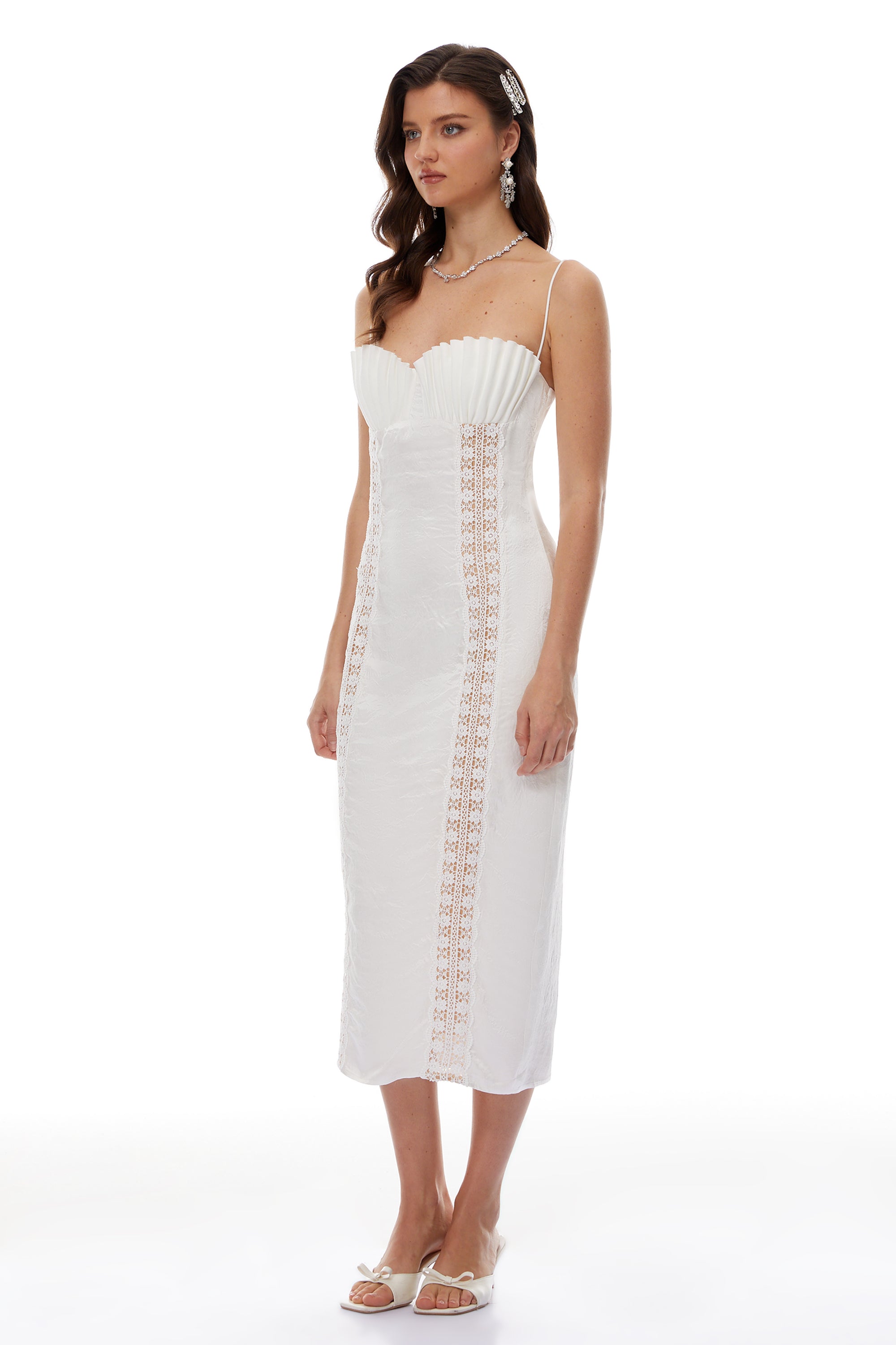 Irmgard White Shell Pleated Satin Midi Dress
