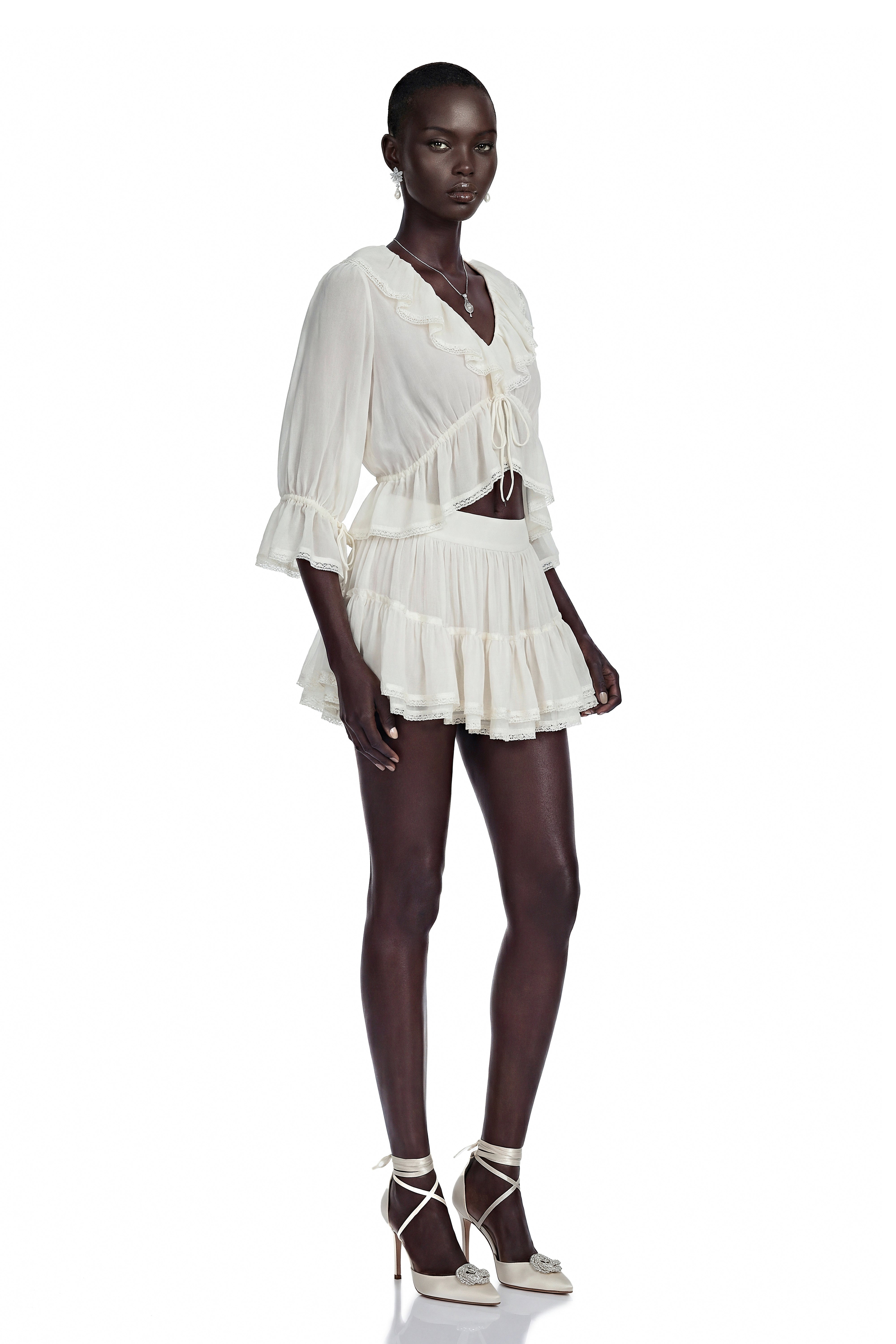 Isabelle White V-Neck Ruffled Crop Top