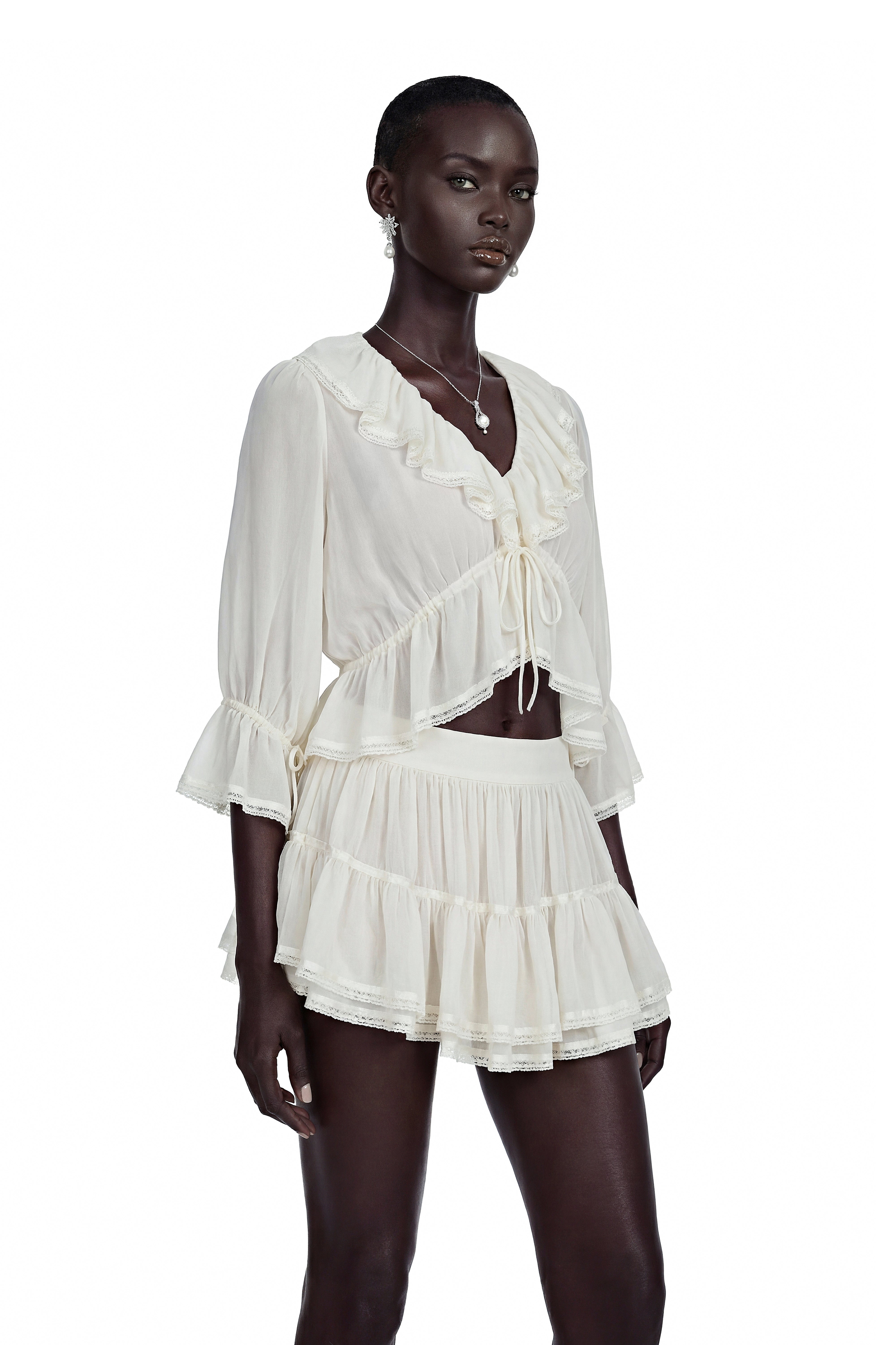 Isabelle White V-Neck Ruffled Crop Top