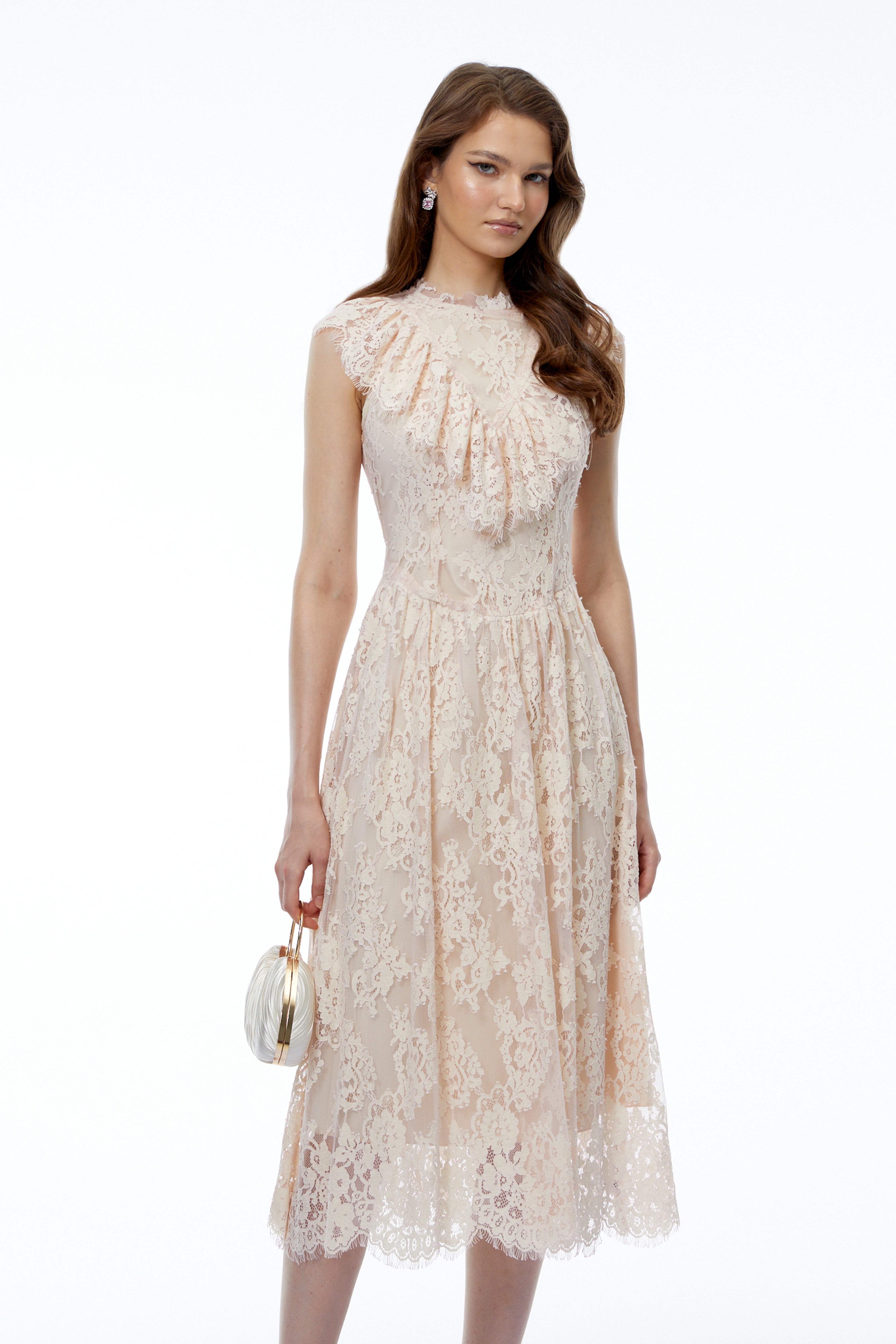 Isla Pink Sleeveless Ruched Midi Dress with Lace Trim