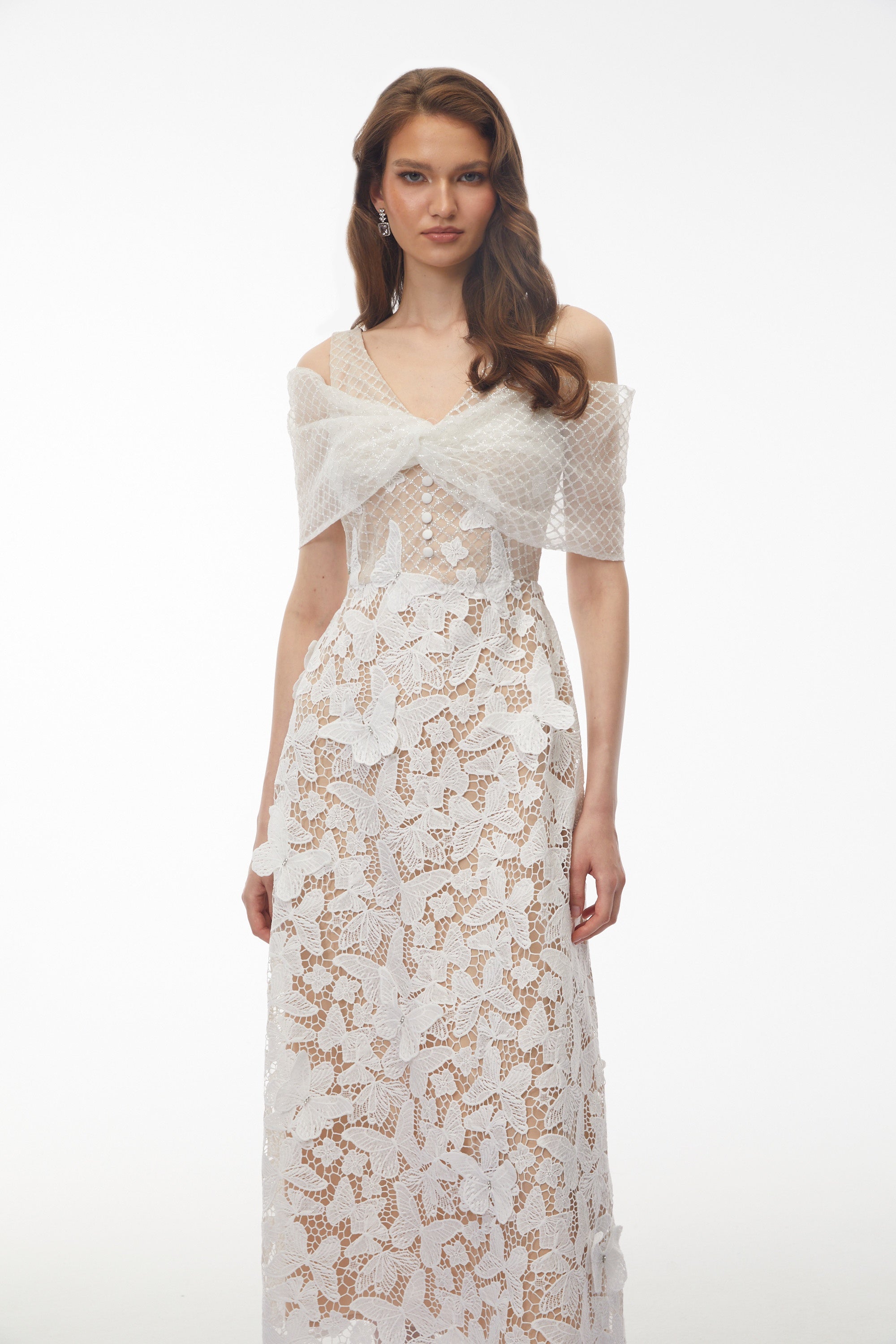 Robe mi-longue Isla White à épaules dénudées avec application papillon
