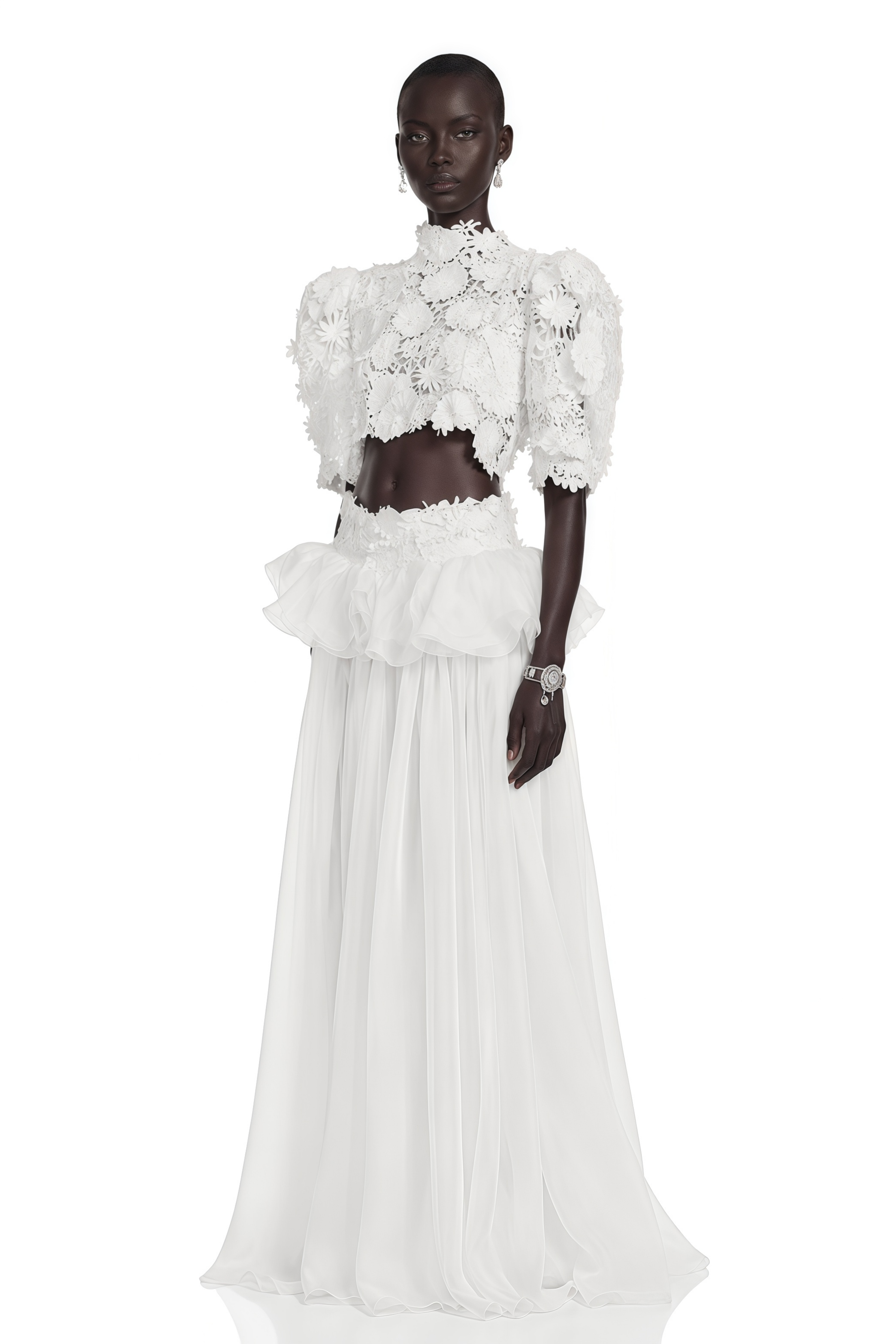 Isla White Lace Puff Sleeves Crop Top & Skirt Set