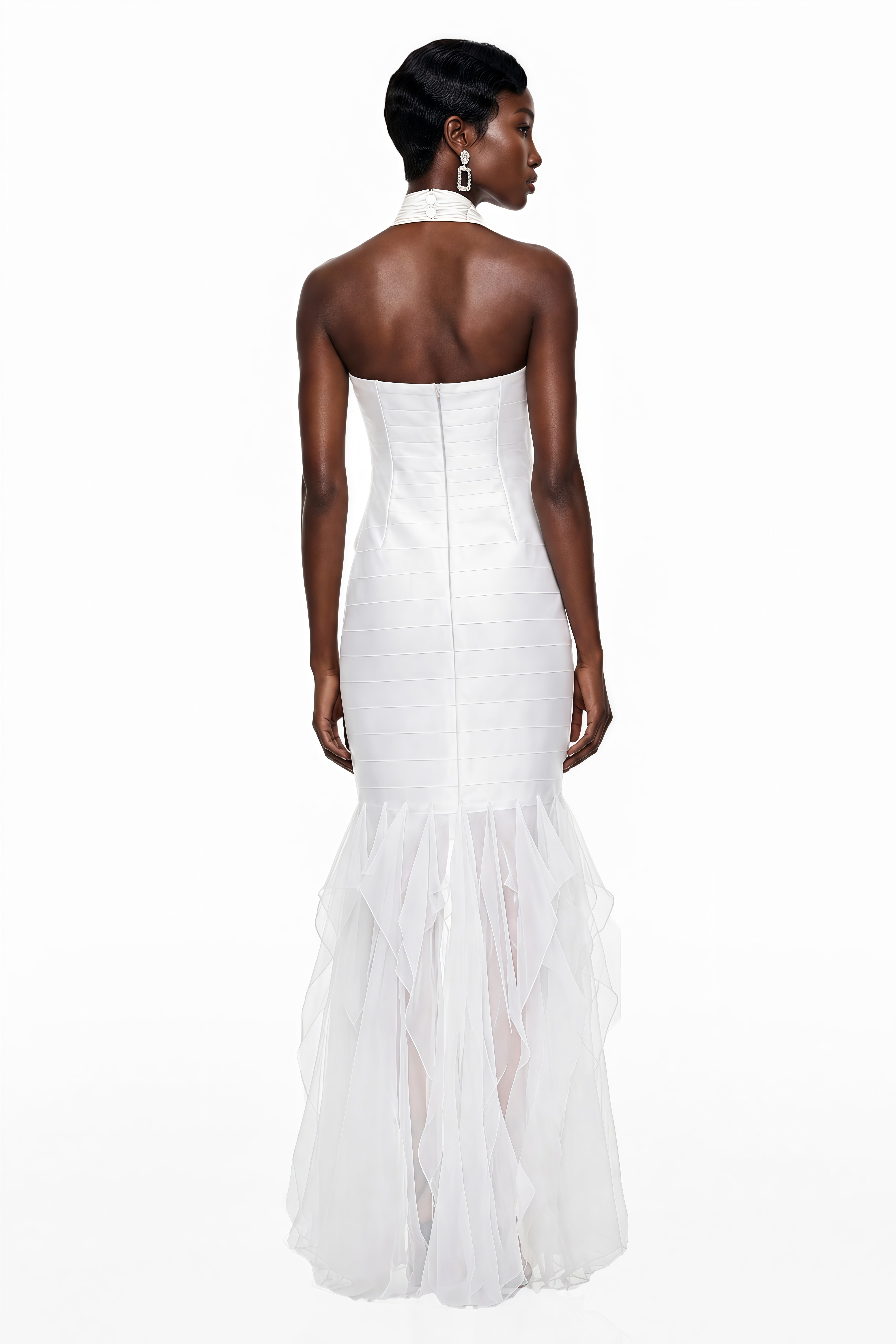 Robe longue blanche à volants et fronces, dos nu, Isolete