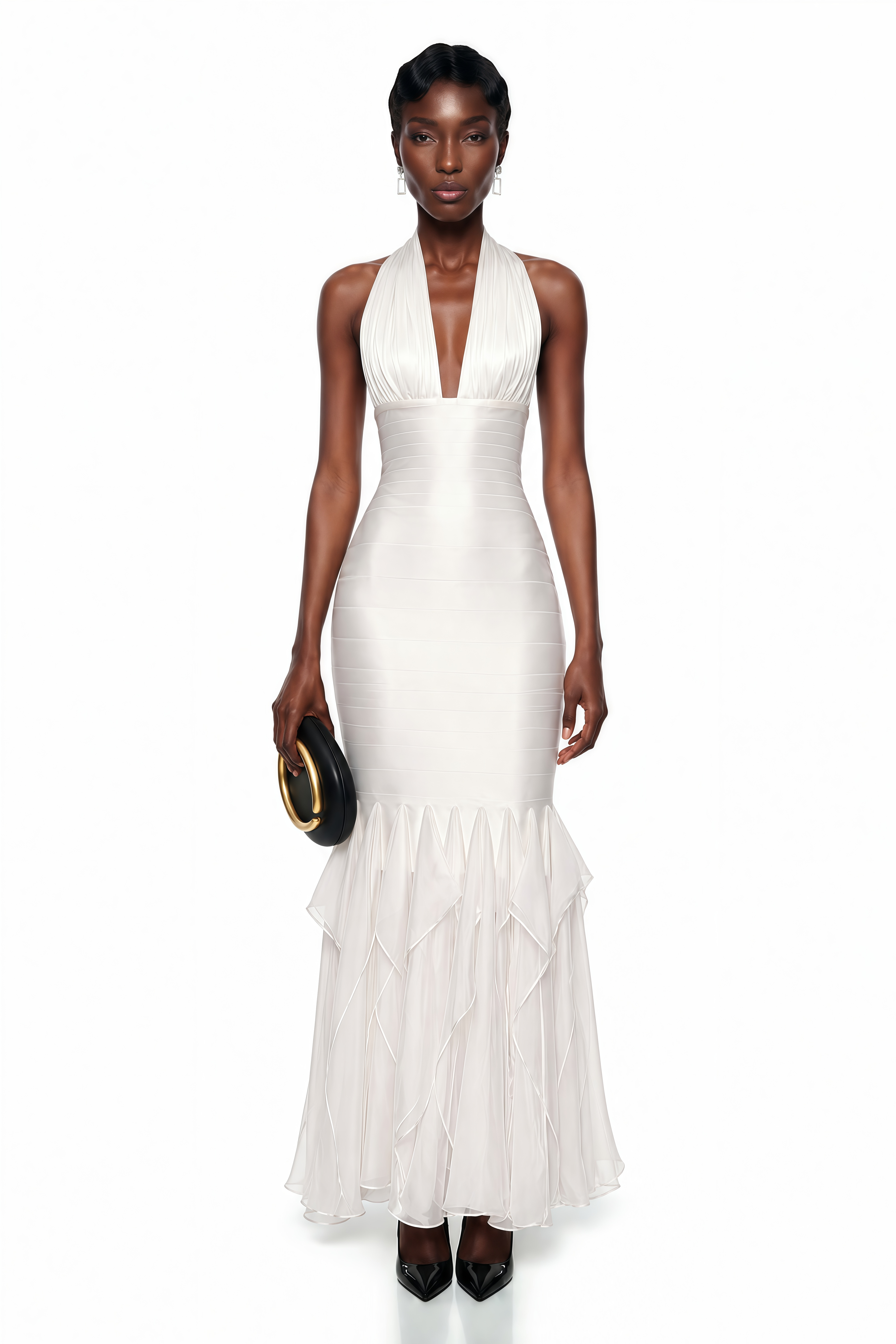 Robe longue blanche à volants et fronces, dos nu, Isolete