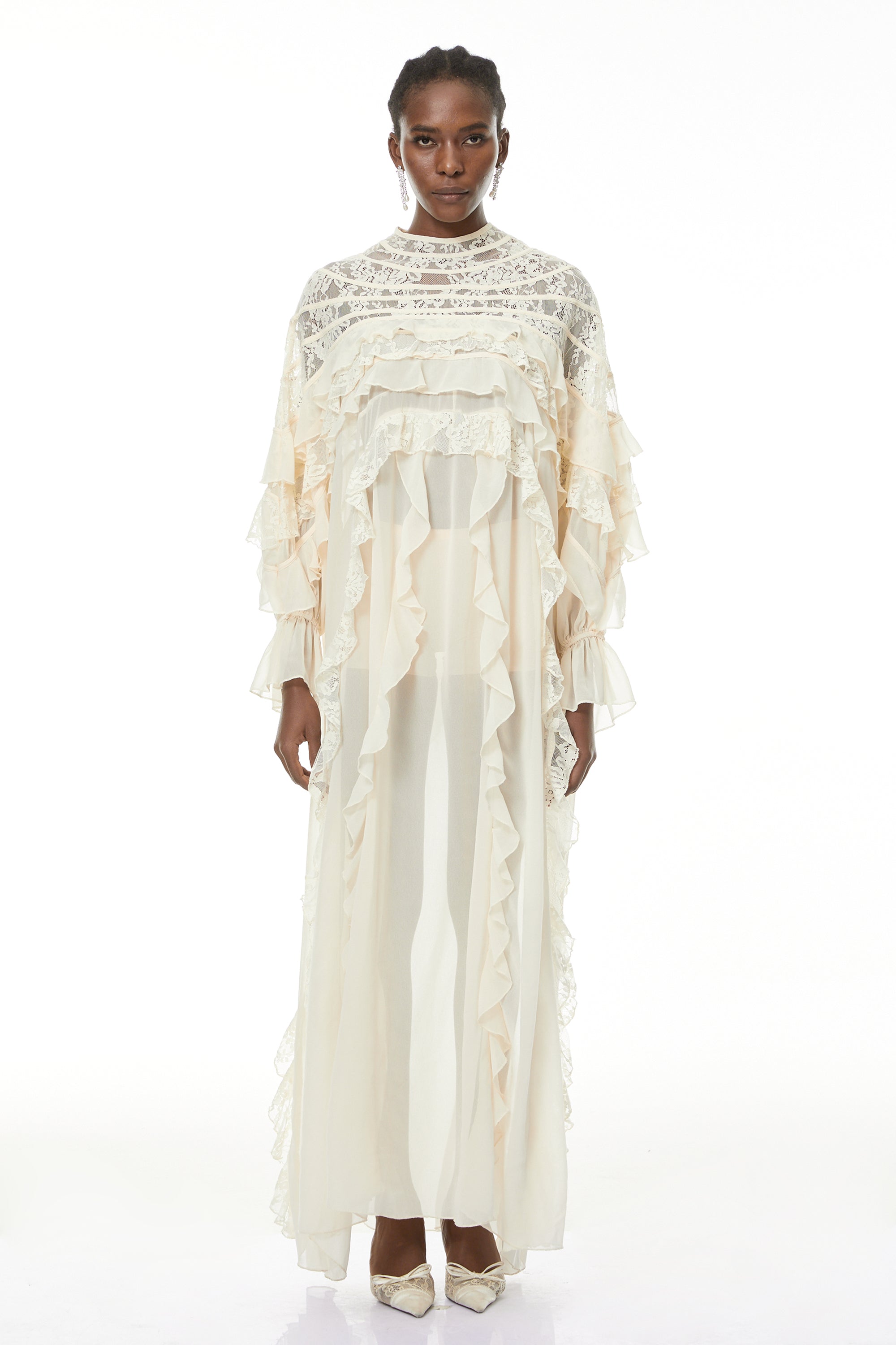 Ivana Neutrals Lace Ruched Maxi Dress