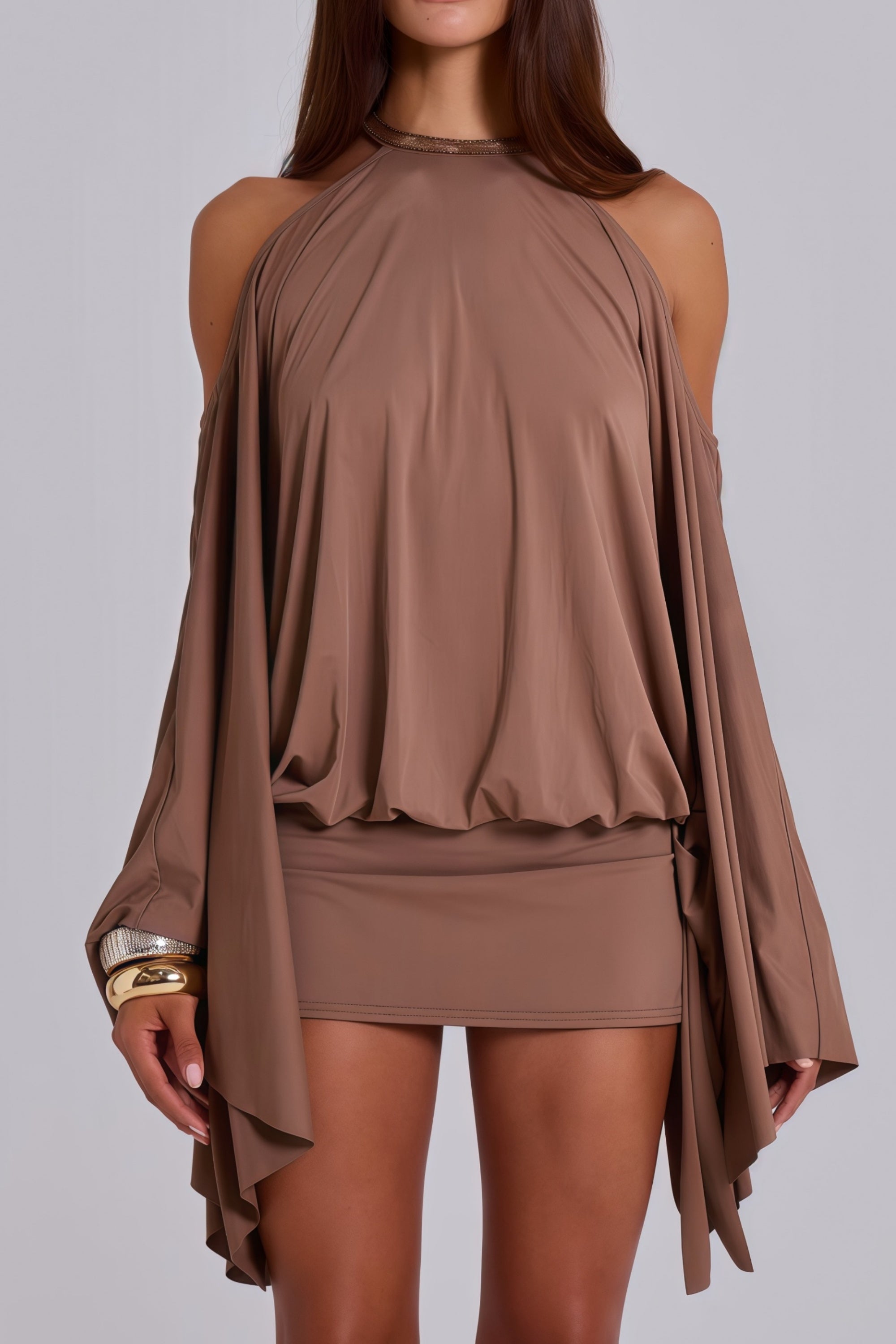 Jimena Brown Cold Shoulder Embellished Mini Dress