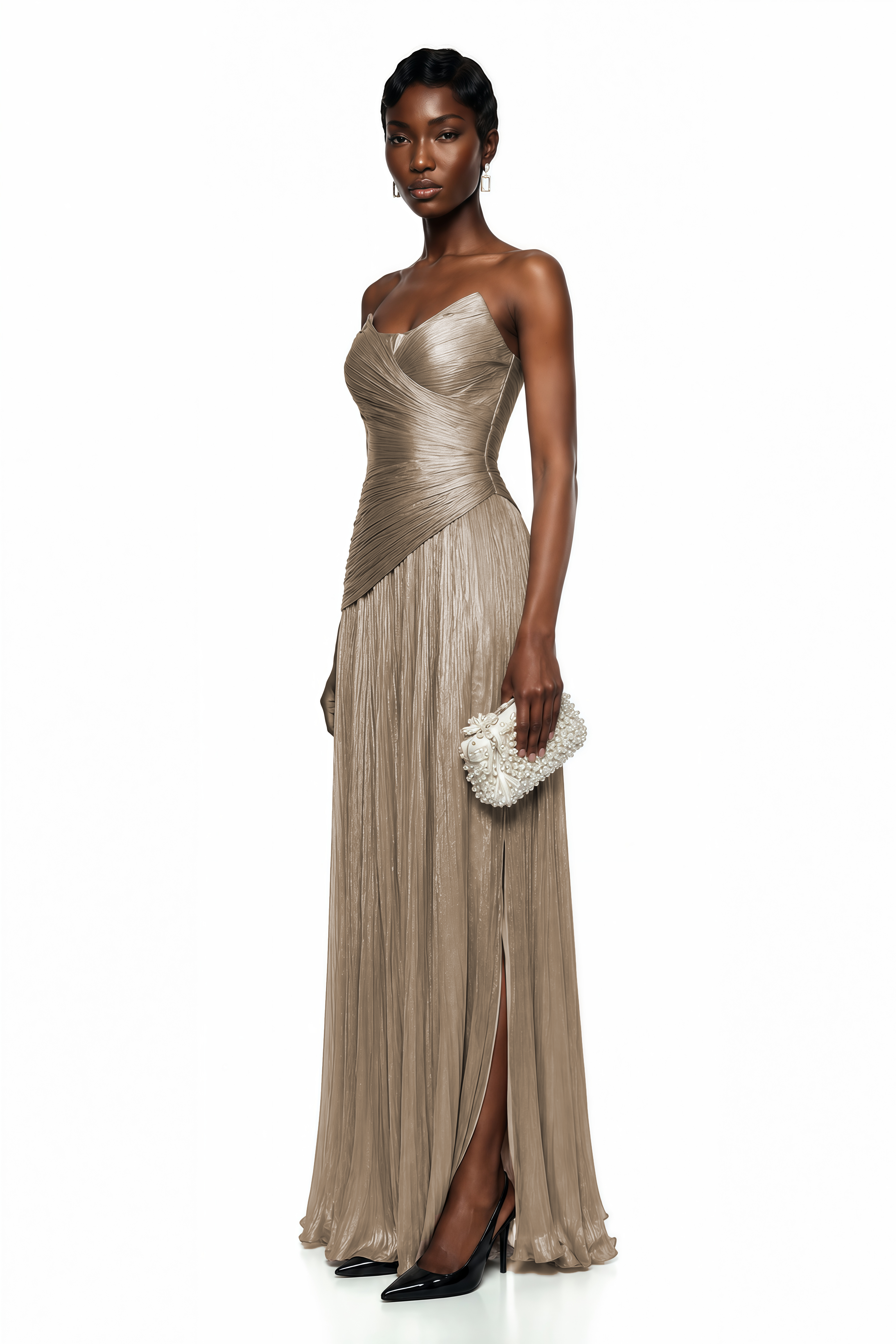 Jacinthe Beige Off Shoulder Satin Maxi Dress