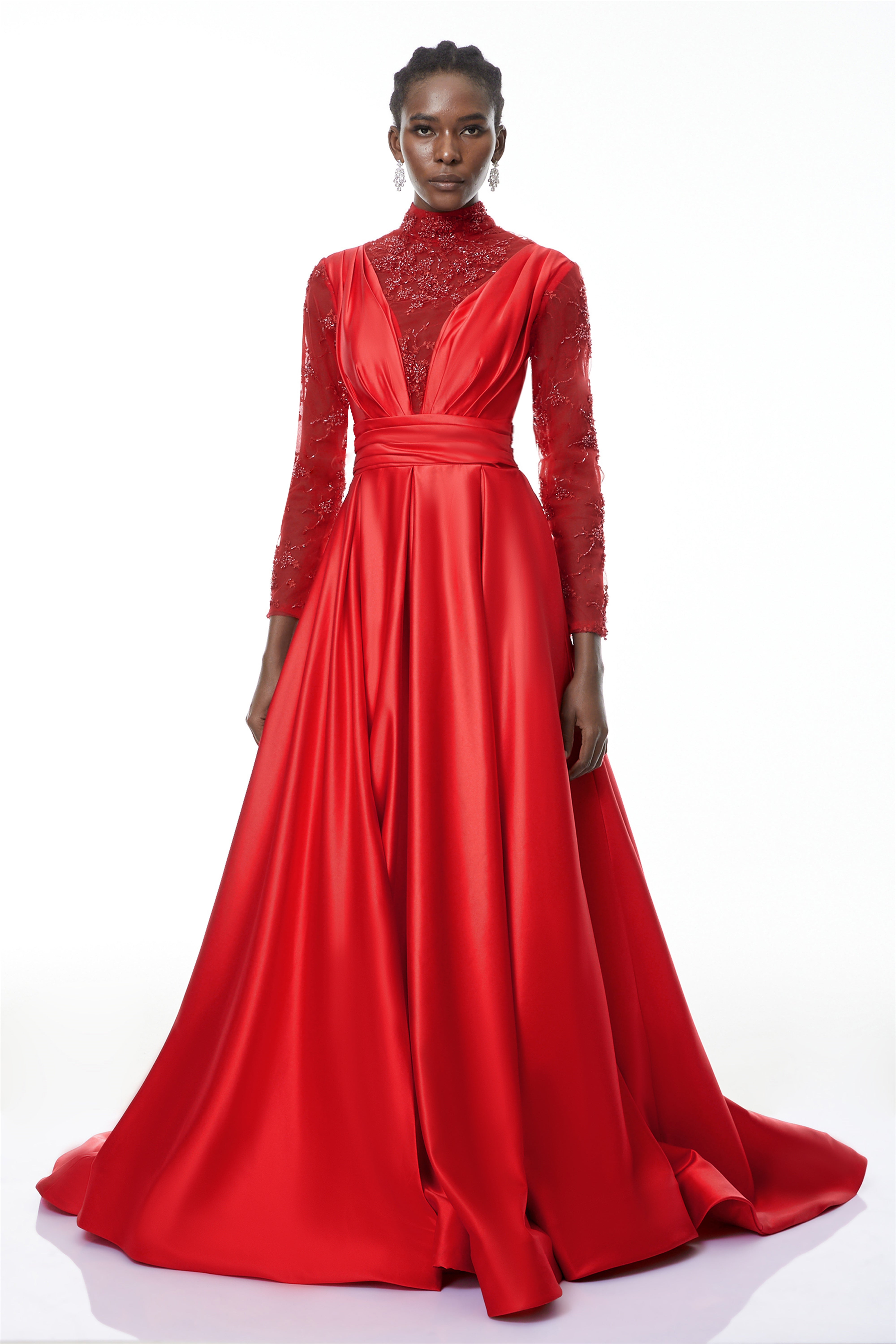 Jelena Red Embellished Satin Maxi Gown