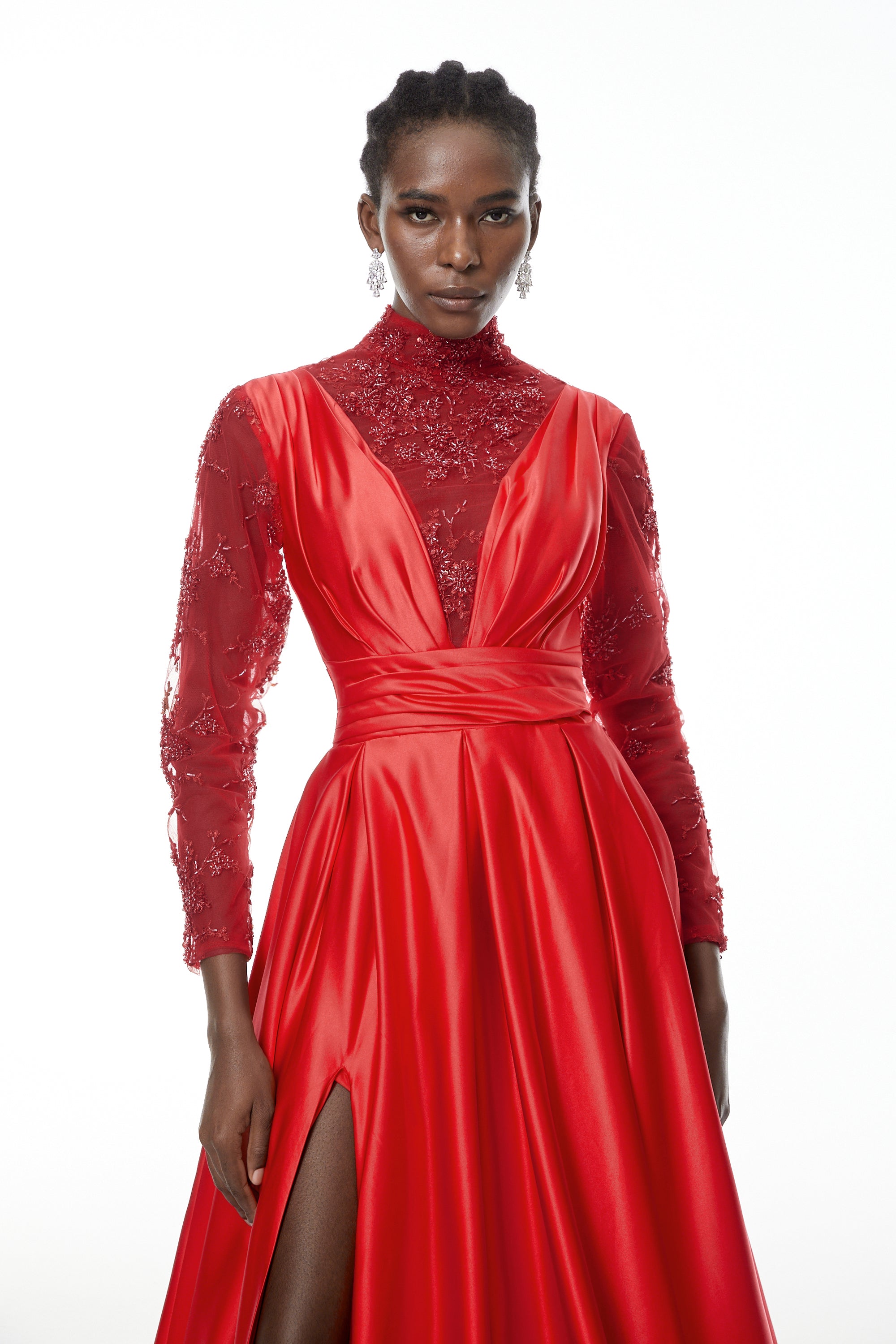 Jelena Red Embellished Satin Maxi Gown