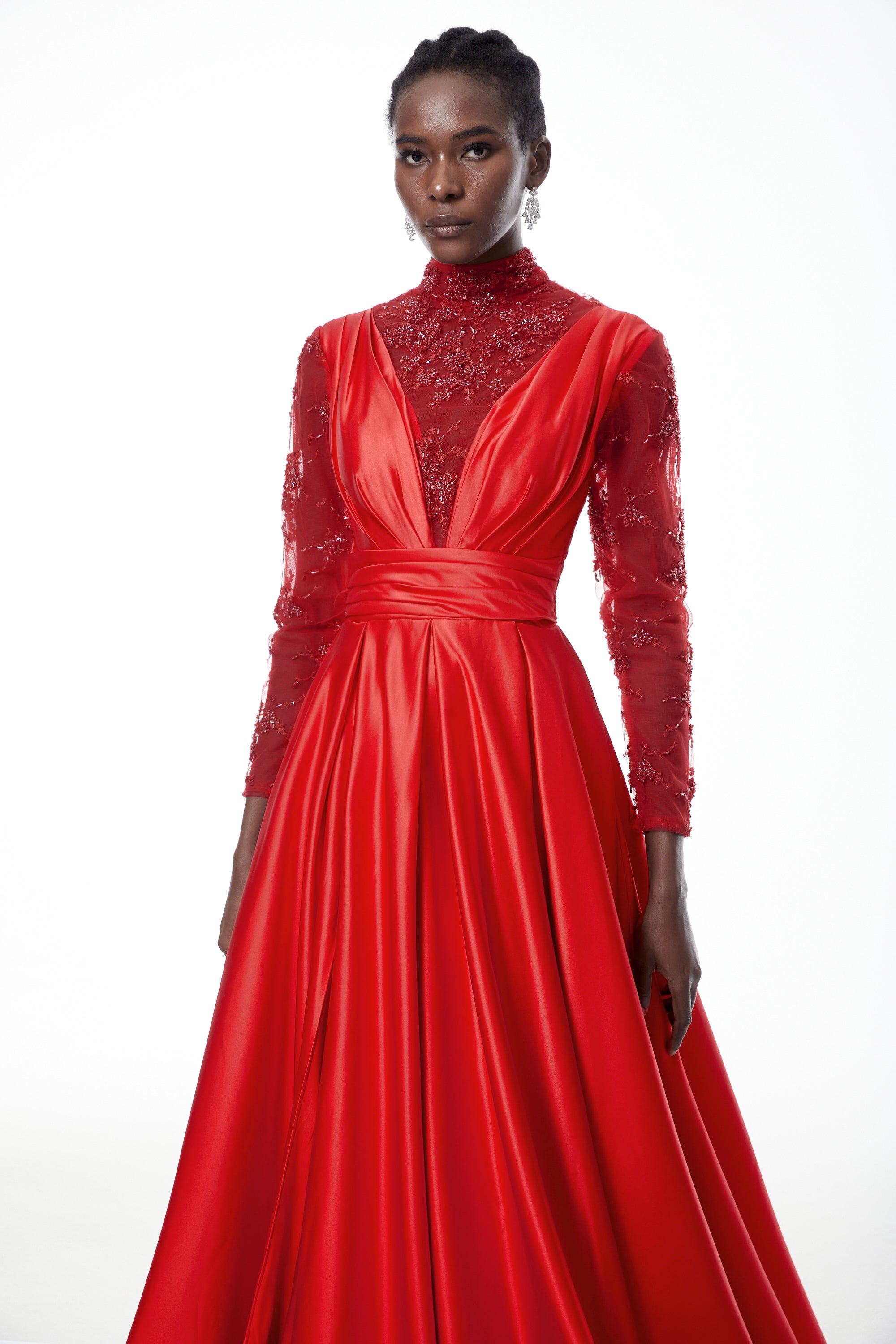 Jelena Red Embellished Satin Maxi Gown