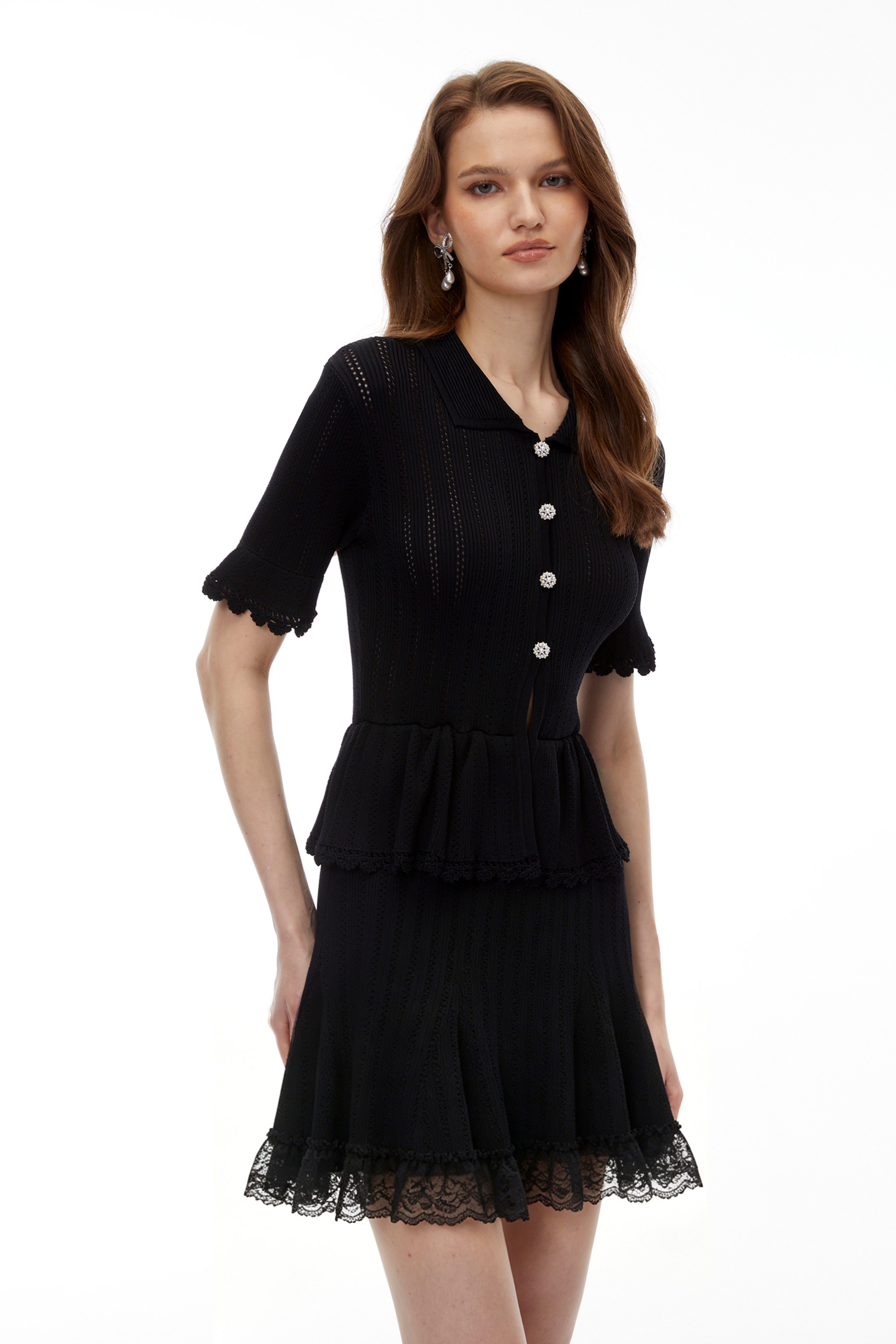 Mini-robe en maille extensible noire à dentelle Jocasta