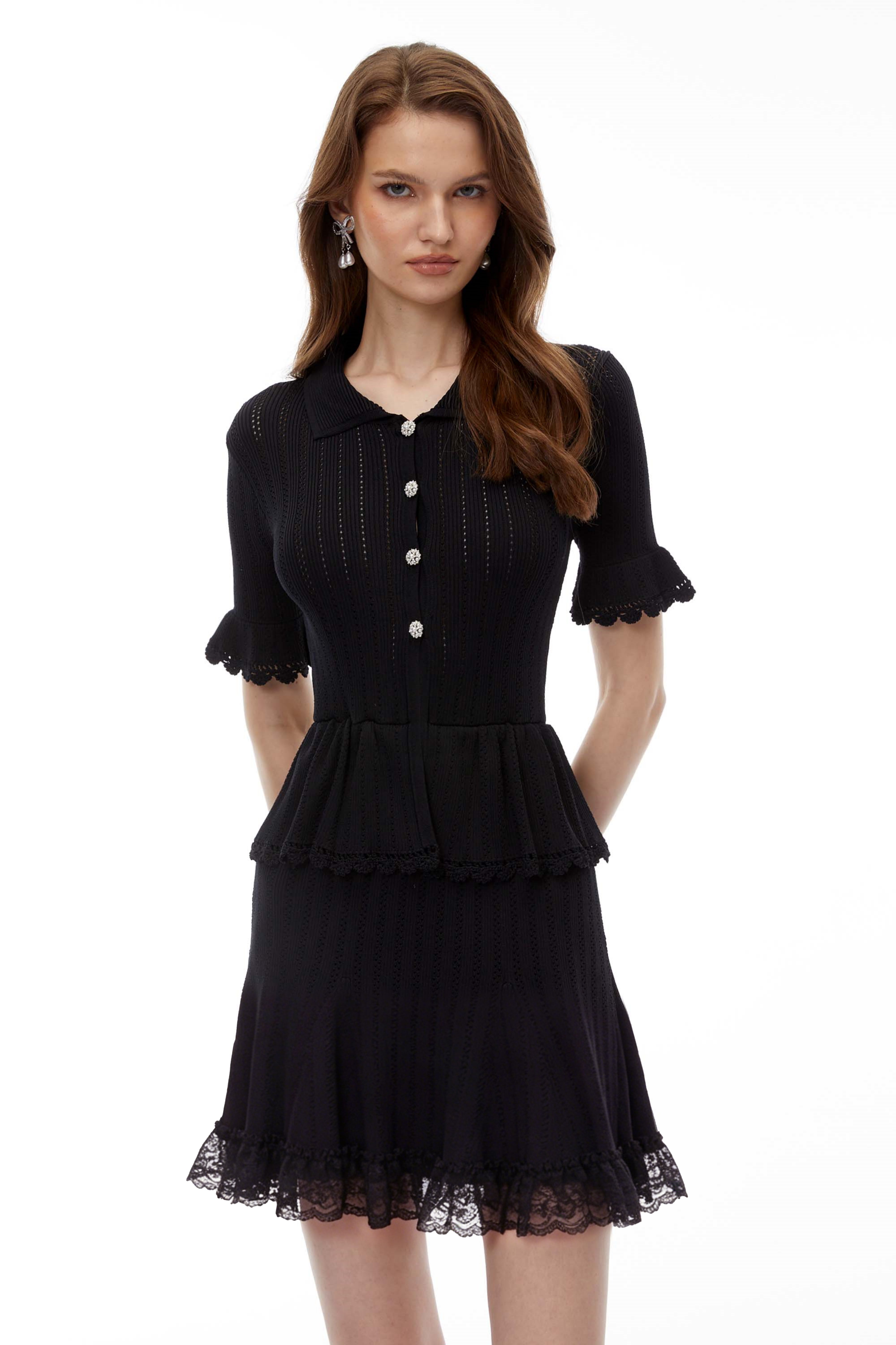 Mini-robe en maille extensible noire à dentelle Jocasta