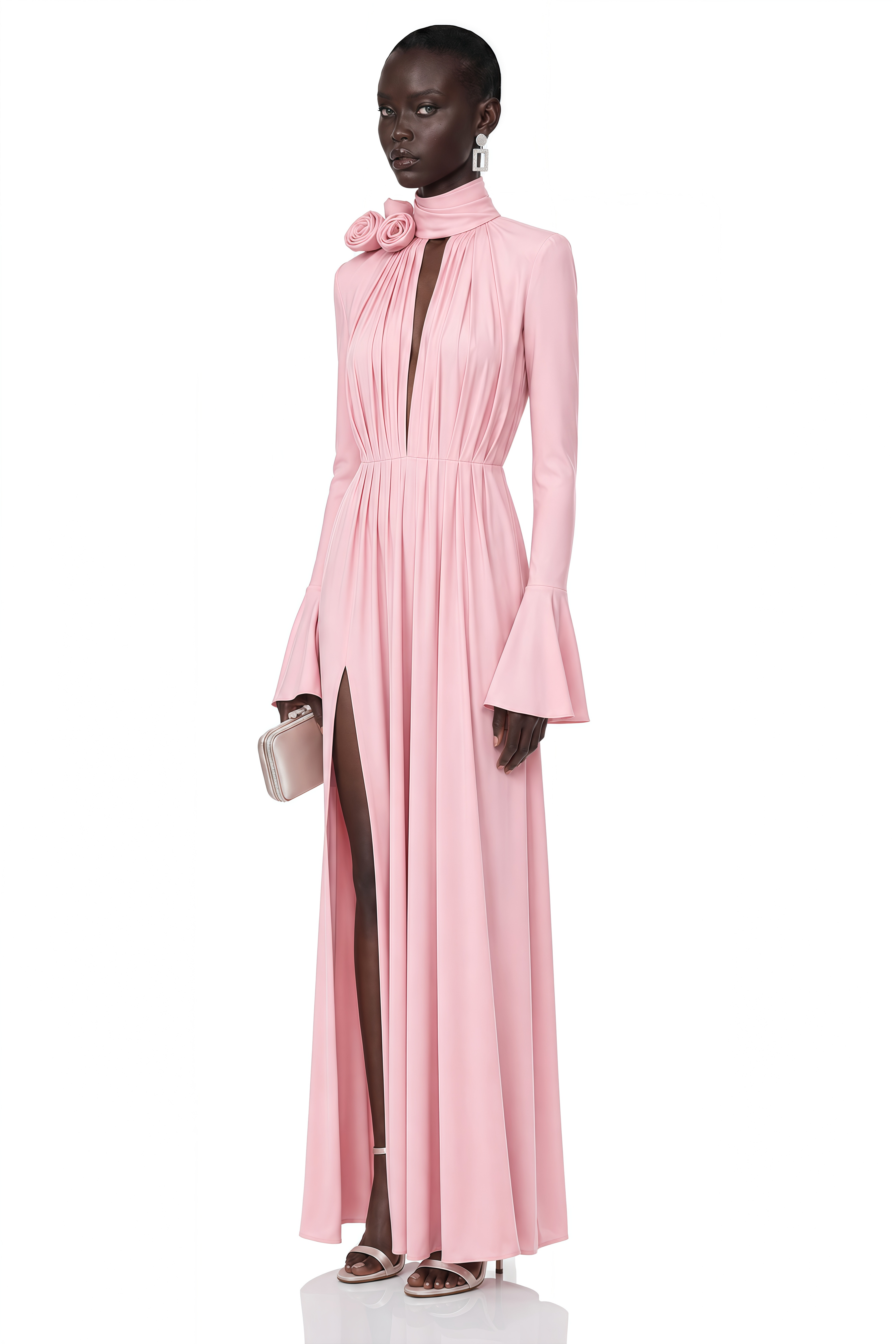 Jocelinda Pink Ruched Maxi Dress with 3D Florals