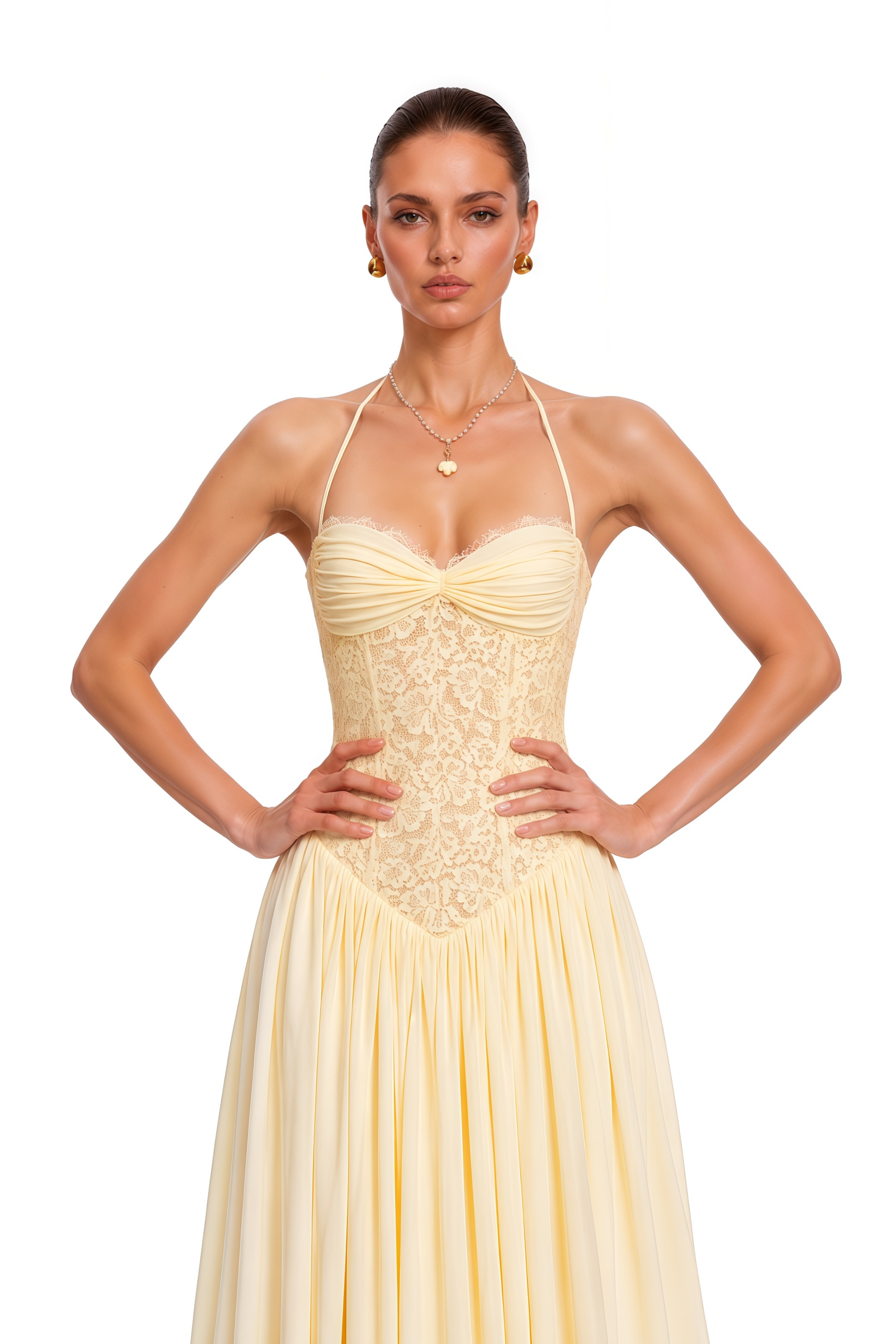 Joelle Yellow Halterneck Lace Corset Maxi Dress